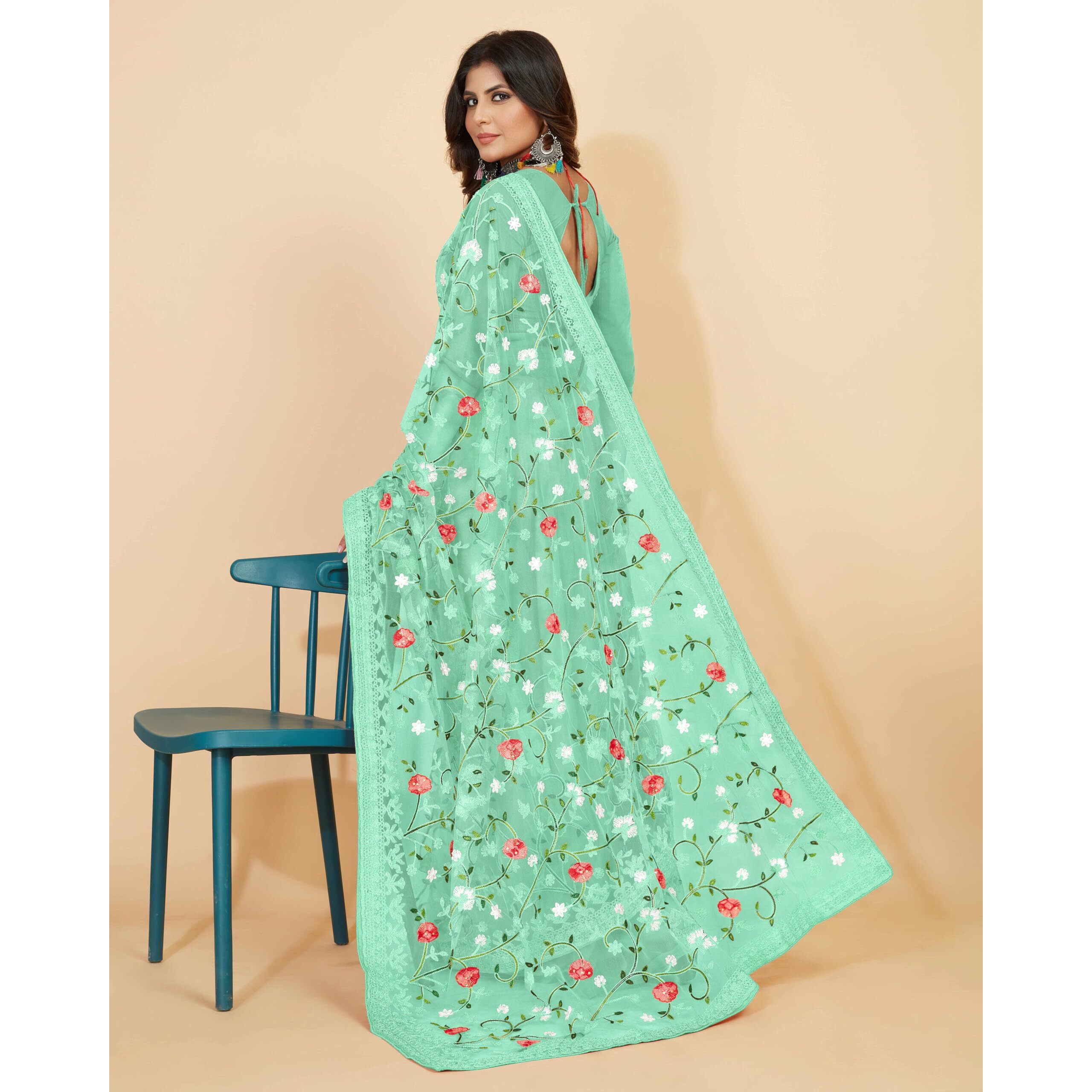 Jaanvi fashion Womens Floral Embroidery Work Net Silk Saree with Lace Border & Blouse Piece (mm-realme-rama)