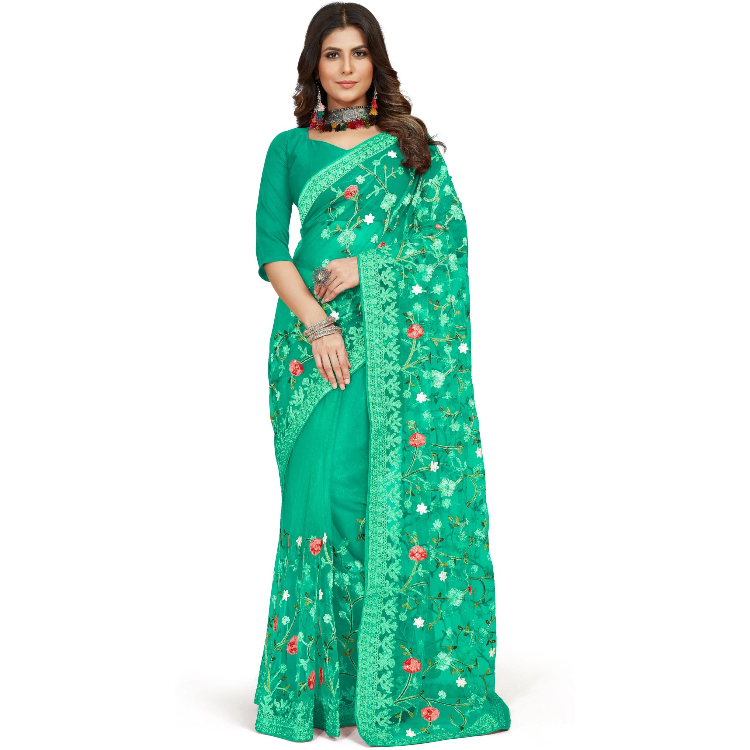 Jaanvi fashion Womens Floral Embroidery Work Net Silk Saree with Lace Border & Blouse Piece (mm-realme-dark-green)