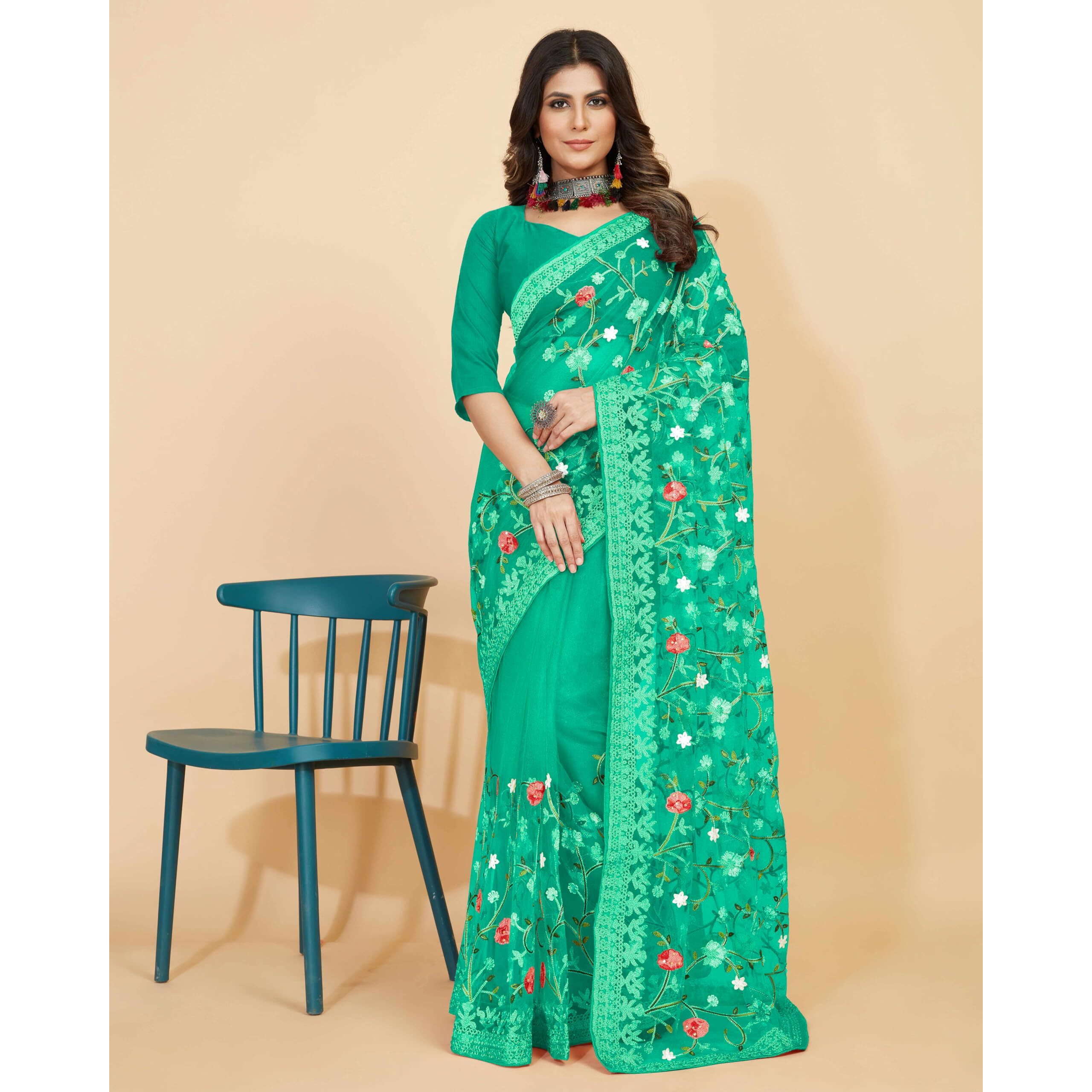 Jaanvi fashion Womens Floral Embroidery Work Net Silk Saree with Lace Border & Blouse Piece (mm-realme-dark-green)