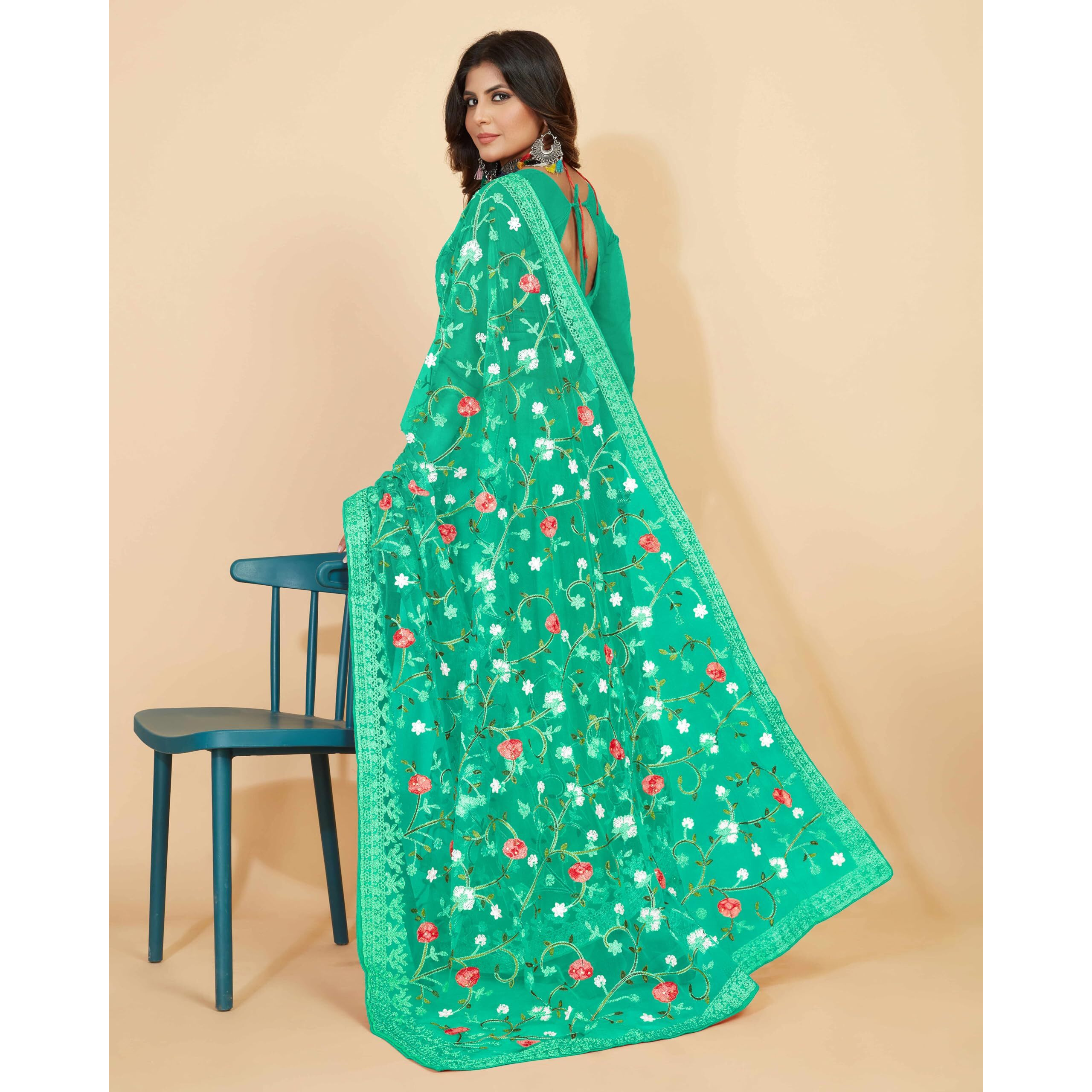 Jaanvi fashion Womens Floral Embroidery Work Net Silk Saree with Lace Border & Blouse Piece (mm-realme-dark-green)