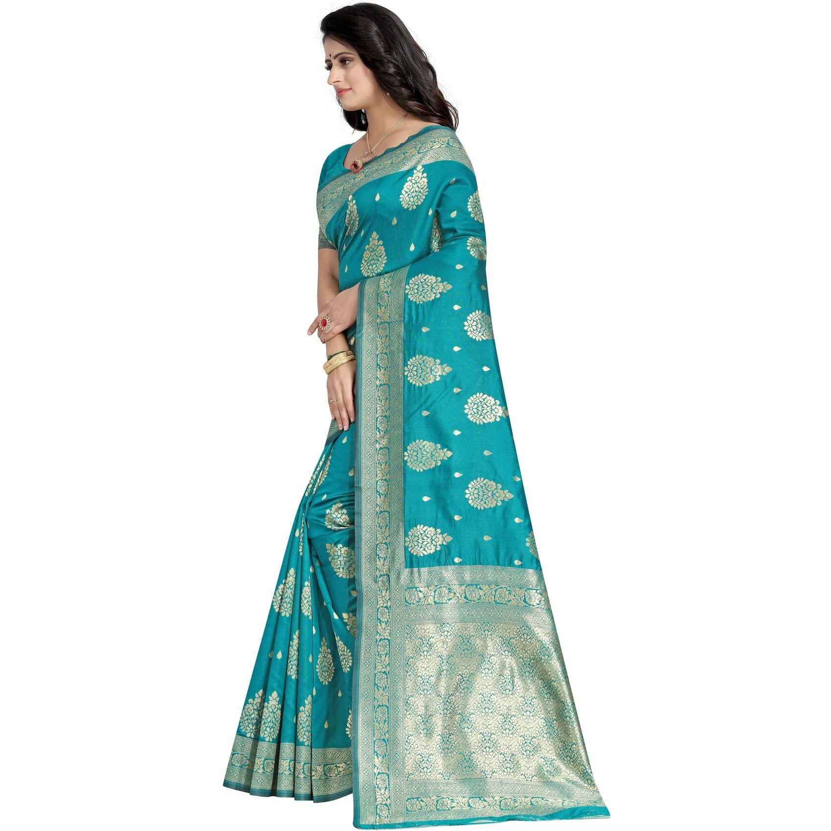 Sugathari Womens Art Silk Firozi Kanchipuram Saree (SAN ENGLE 3 FIROZE)