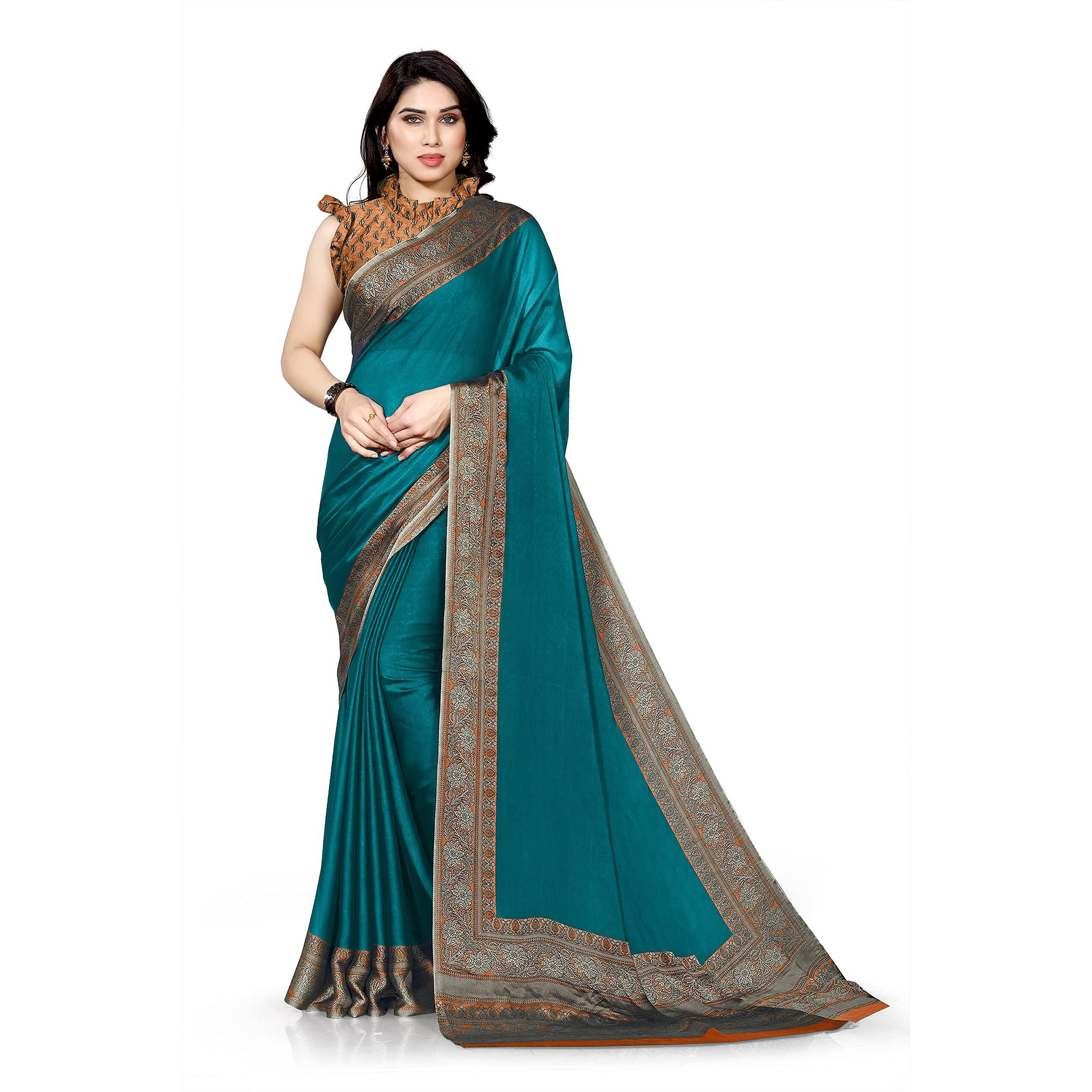 SOURBH Womens Plain Weave Chiffon Floral Border-Palav Printed Saree with Blouse Piece (29966-Teal, Orange)