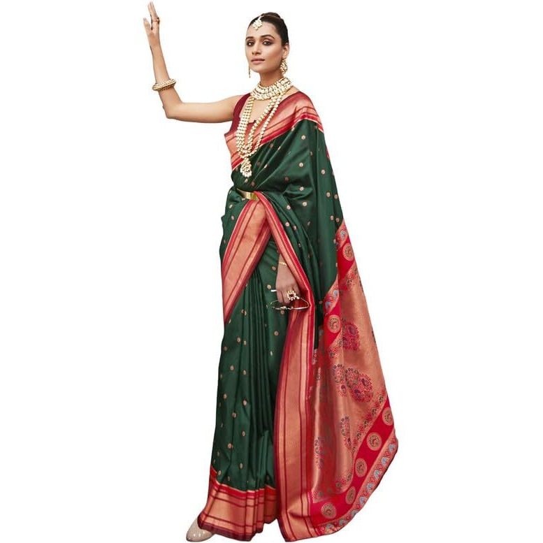 SIRIL Womens Silk Paithani Jacquard Saree With Unstitched Blouse Piece (3534S1228_Green)