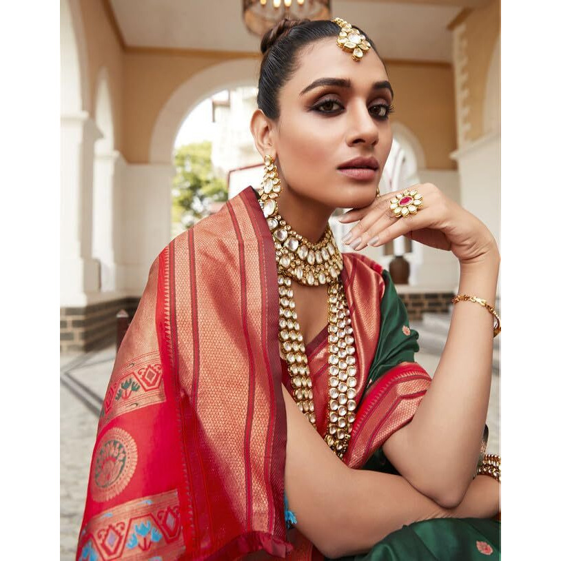 SIRIL Womens Silk Paithani Jacquard Saree With Unstitched Blouse Piece (3534S1228_Green)