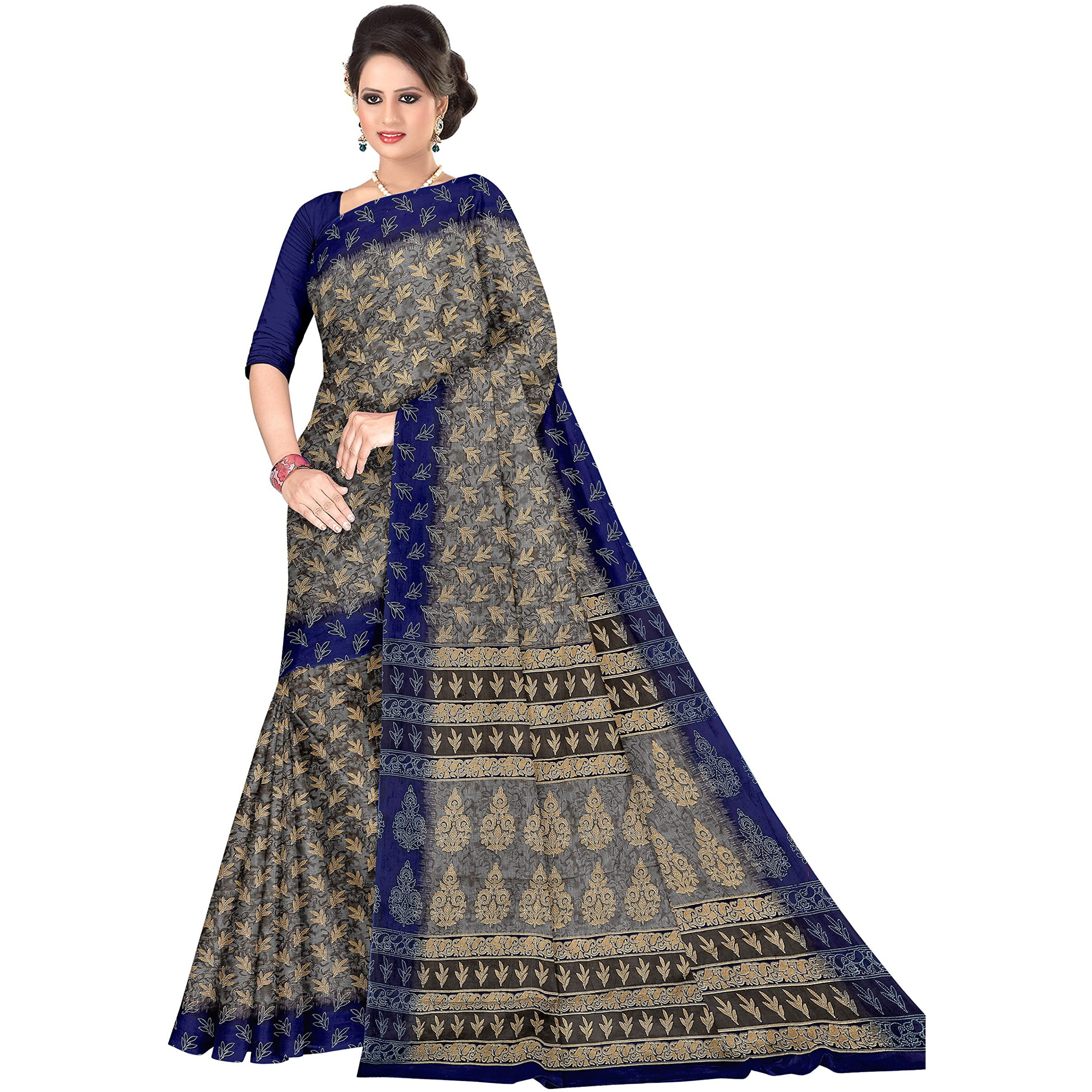 TAMAIRA FASHION Womens Plain Weave Pure Cotton Saree Without Blouse Piece(AB35_Grey and blue)