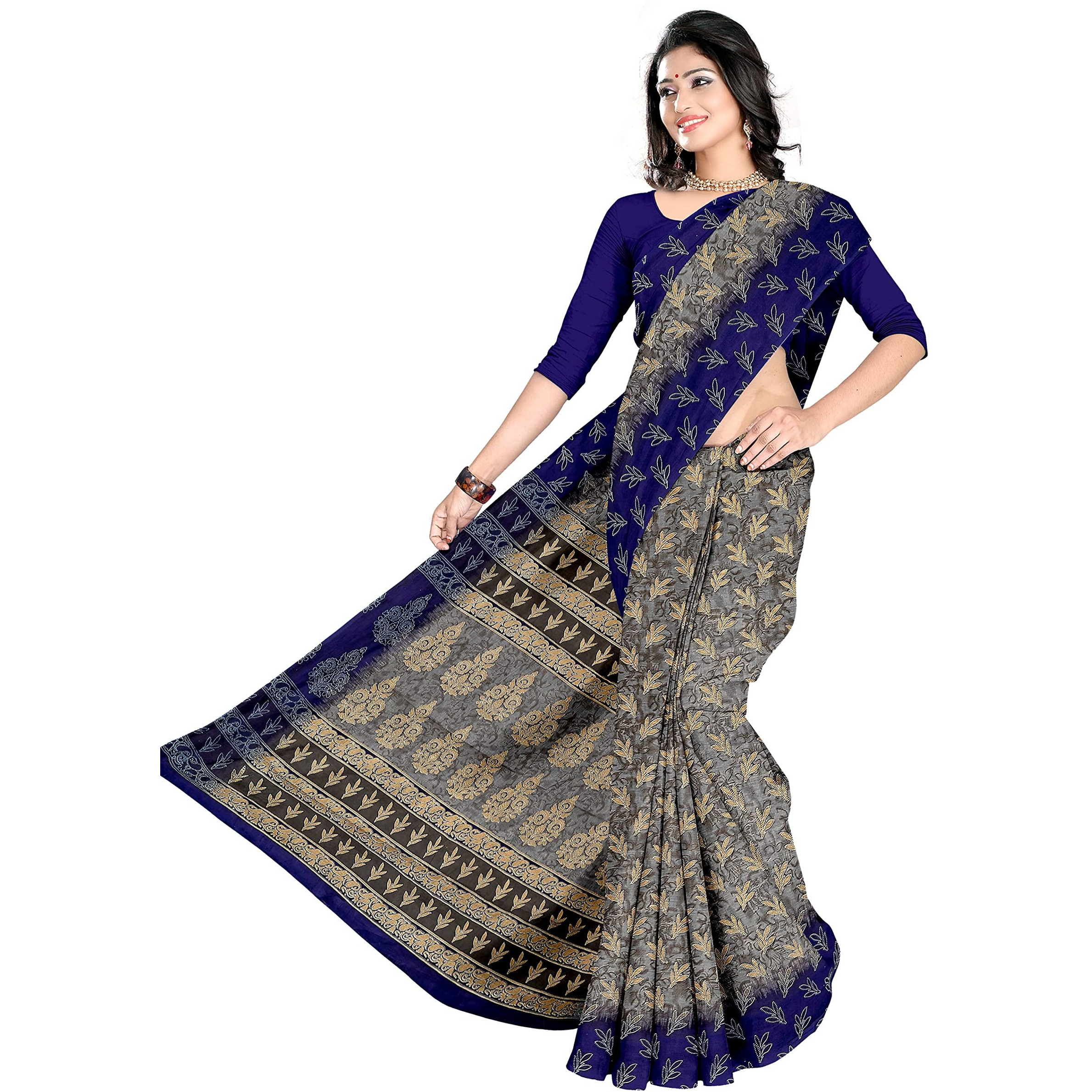 TAMAIRA FASHION Womens Plain Weave Pure Cotton Saree Without Blouse Piece(AB35_Grey and blue)