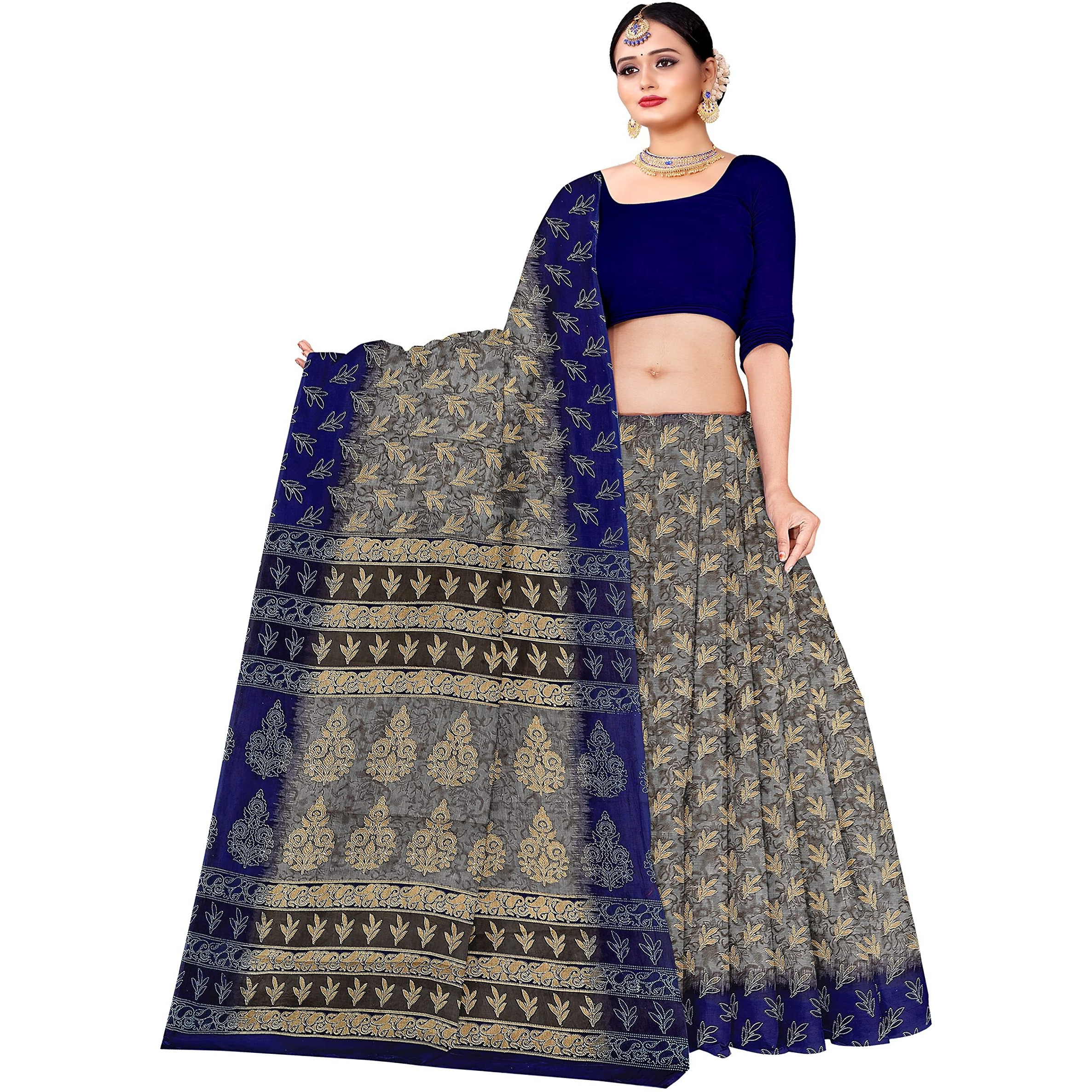 TAMAIRA FASHION Womens Plain Weave Pure Cotton Saree Without Blouse Piece(AB35_Grey and blue)