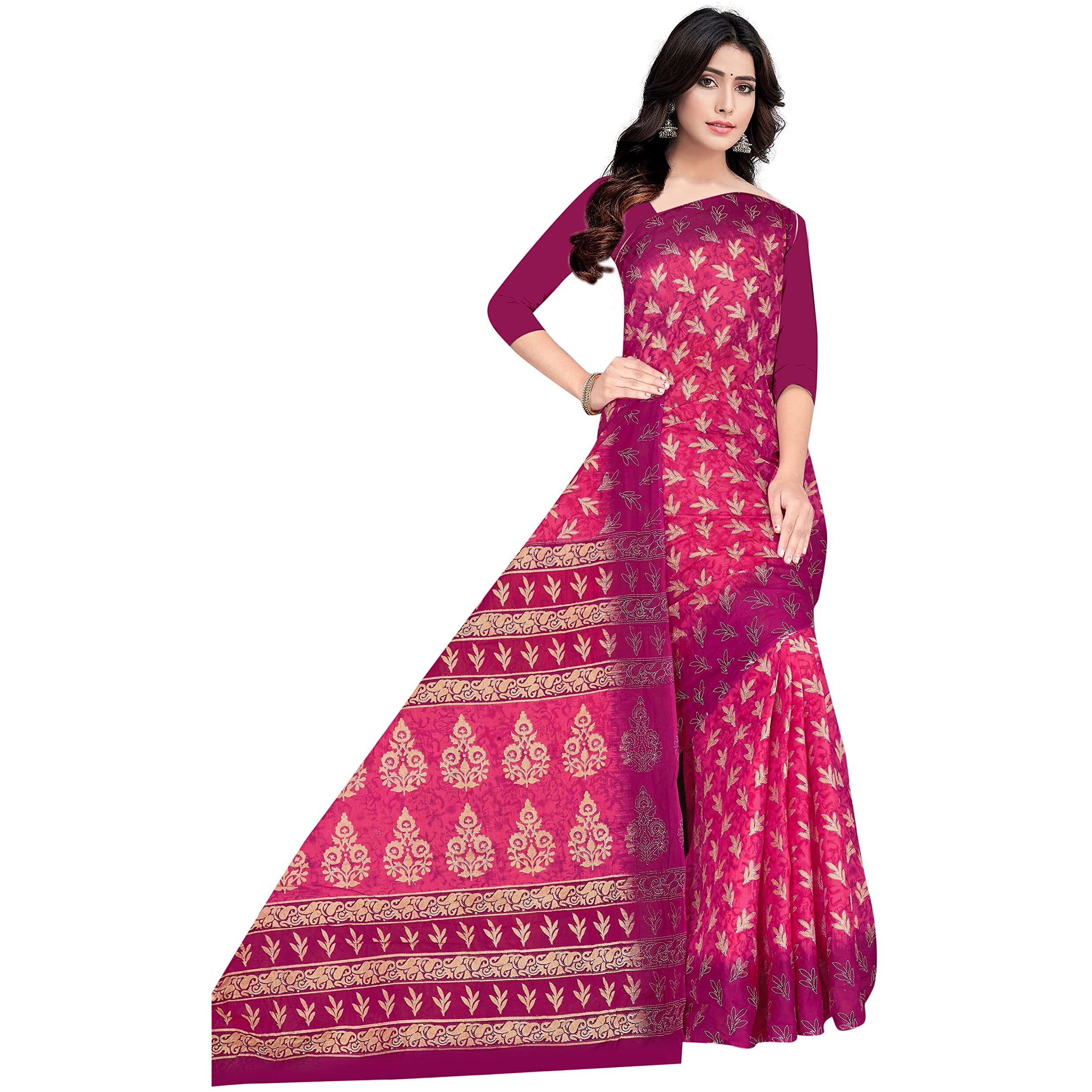 TAMAIRA FASHION Womens Plain Weave Pure Cotton Saree Without Blouse Piece(AB35_DarkPink)