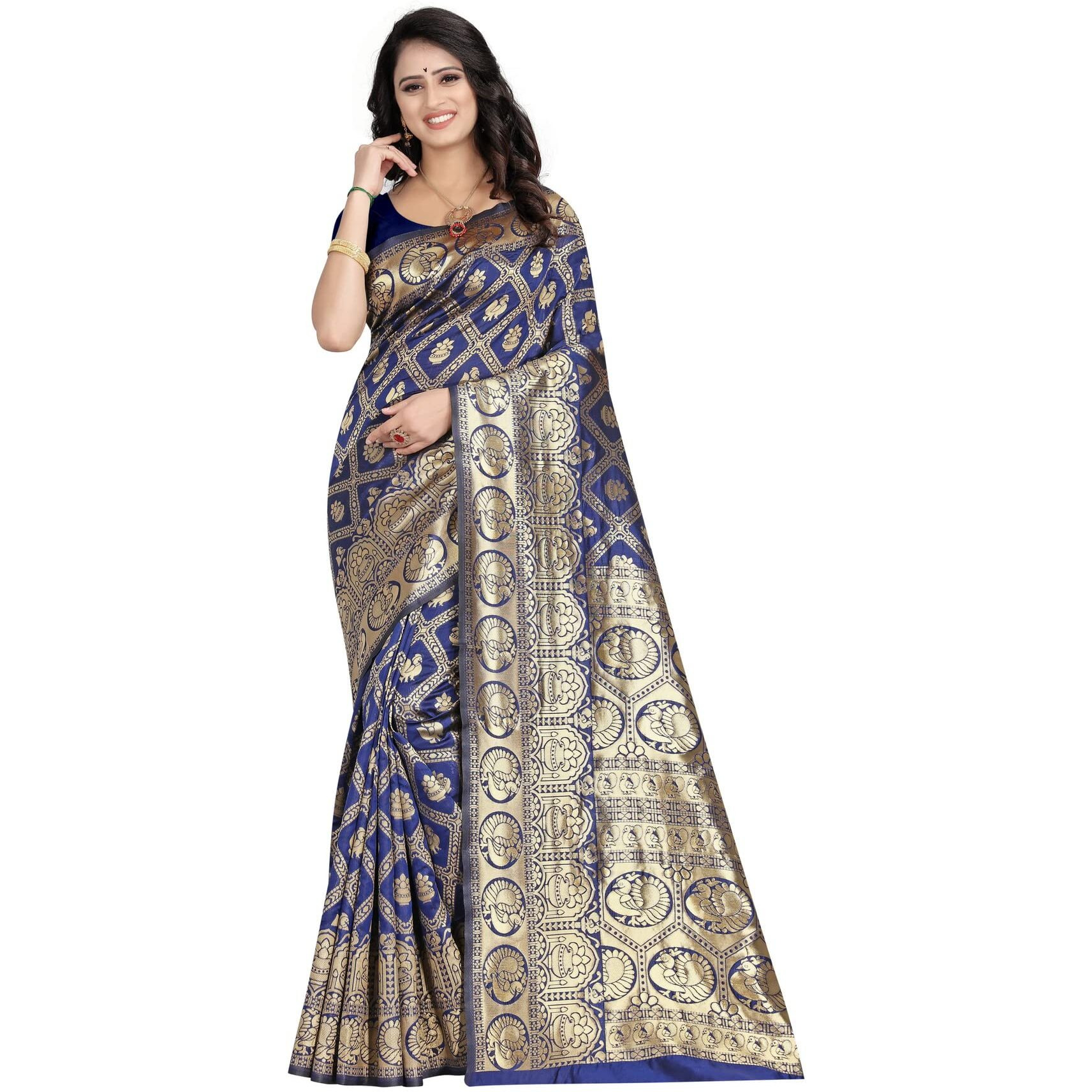 Sugathari Womens Banarasi Saree Pure Kanjivaram Silk Saree Soft new ladies 2023 Design Wear Sarees Latest Cotton Party Sari collections With Blouse Piece for Wedding sadi (SAM SAN 9017-NAVY BLUE)
