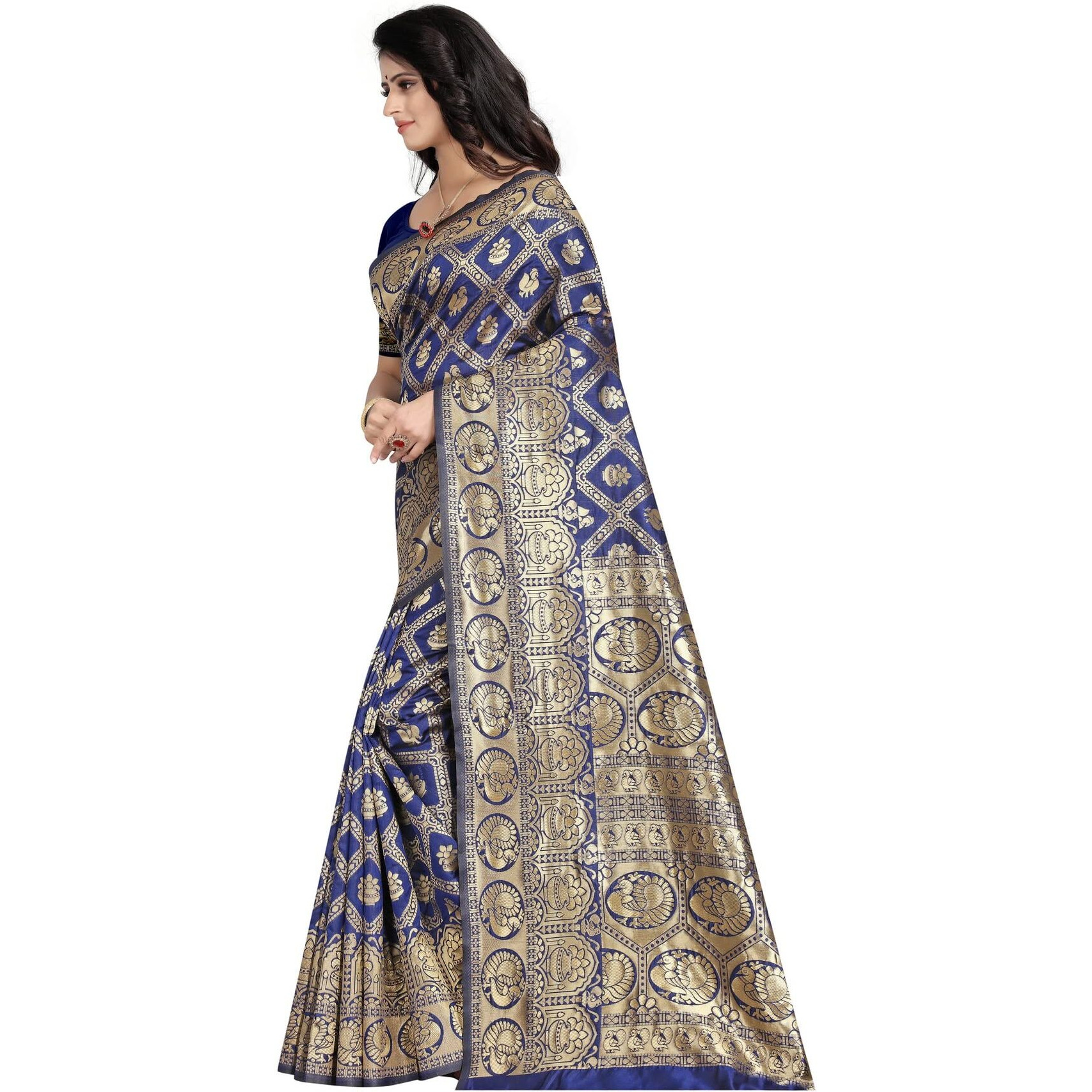 Sugathari Womens Banarasi Saree Pure Kanjivaram Silk Saree Soft new ladies 2023 Design Wear Sarees Latest Cotton Party Sari collections With Blouse Piece for Wedding sadi (SAM SAN 9017-NAVY BLUE)