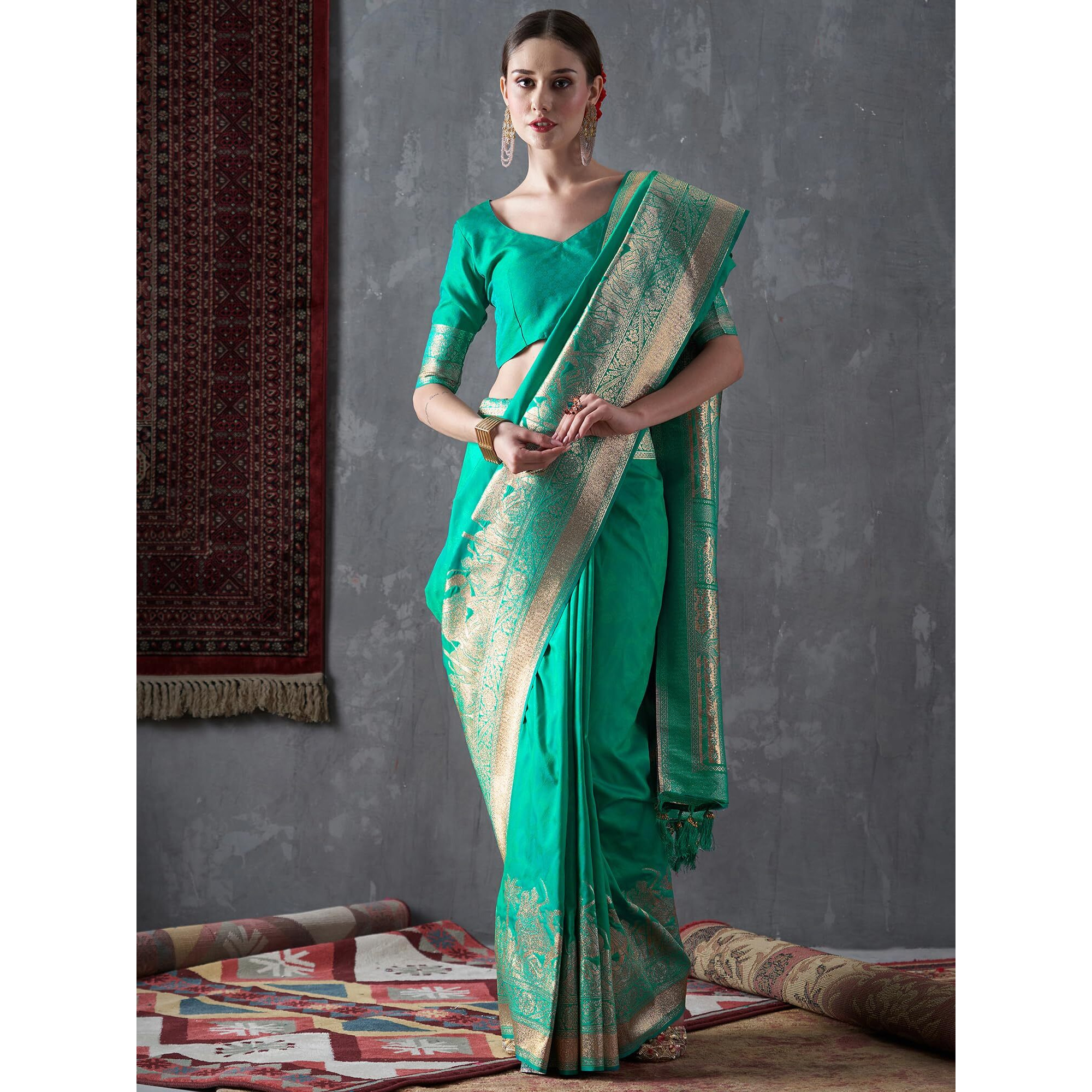 AKHILAM Womens Banarasi Silk Ethnic Motif Saree With Unstitched Blouse Piece (Sea Green MAHI2604)