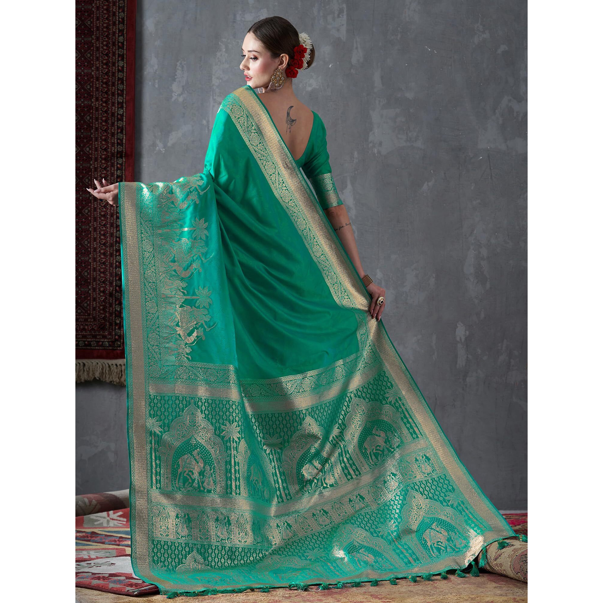 AKHILAM Womens Banarasi Silk Ethnic Motif Saree With Unstitched Blouse Piece (Sea Green MAHI2604)
