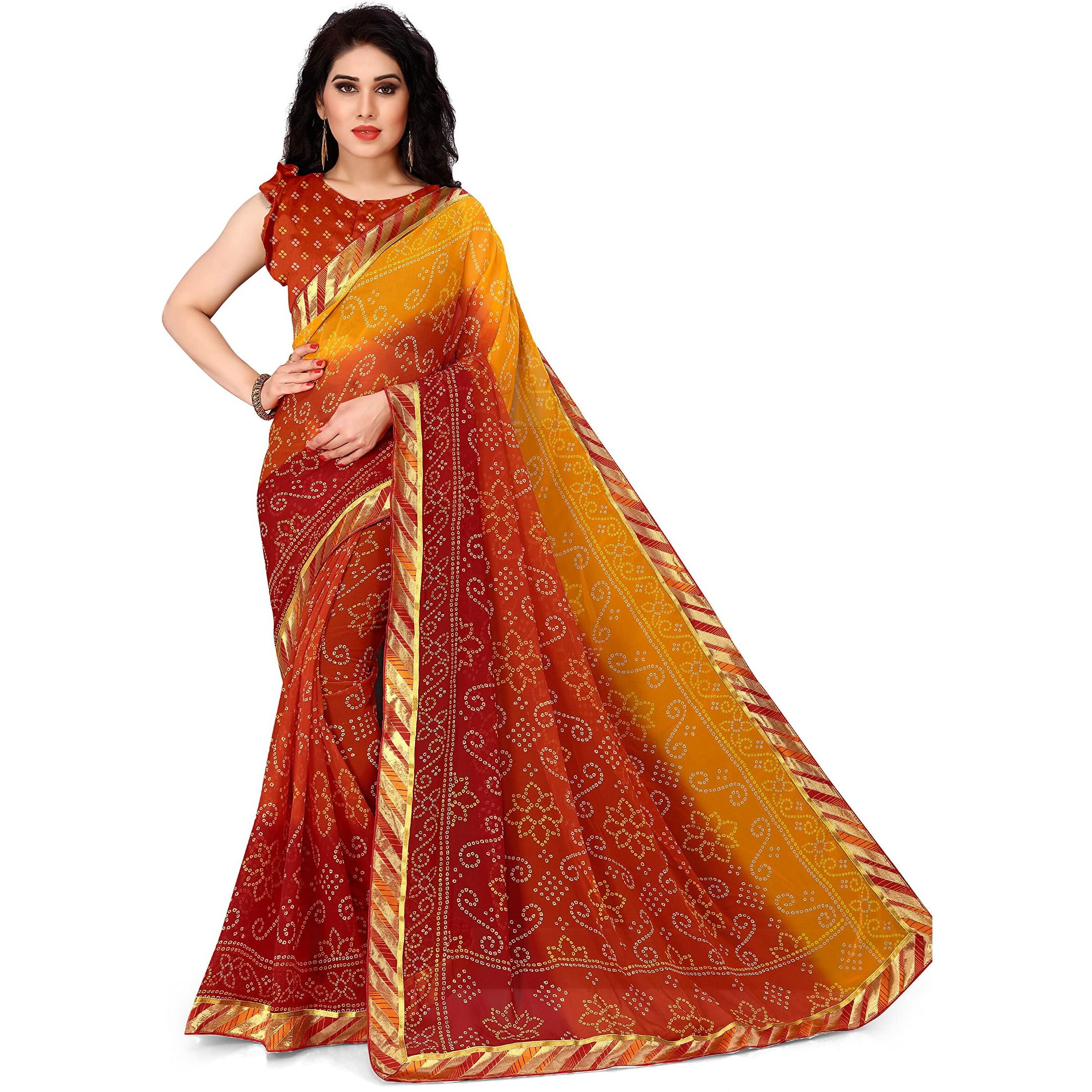 MIRCHI FASHION Womens Faux Georgette Printed Bandhani Saree with Blouse Piece (M21361-Yellow, Orange, Red)
