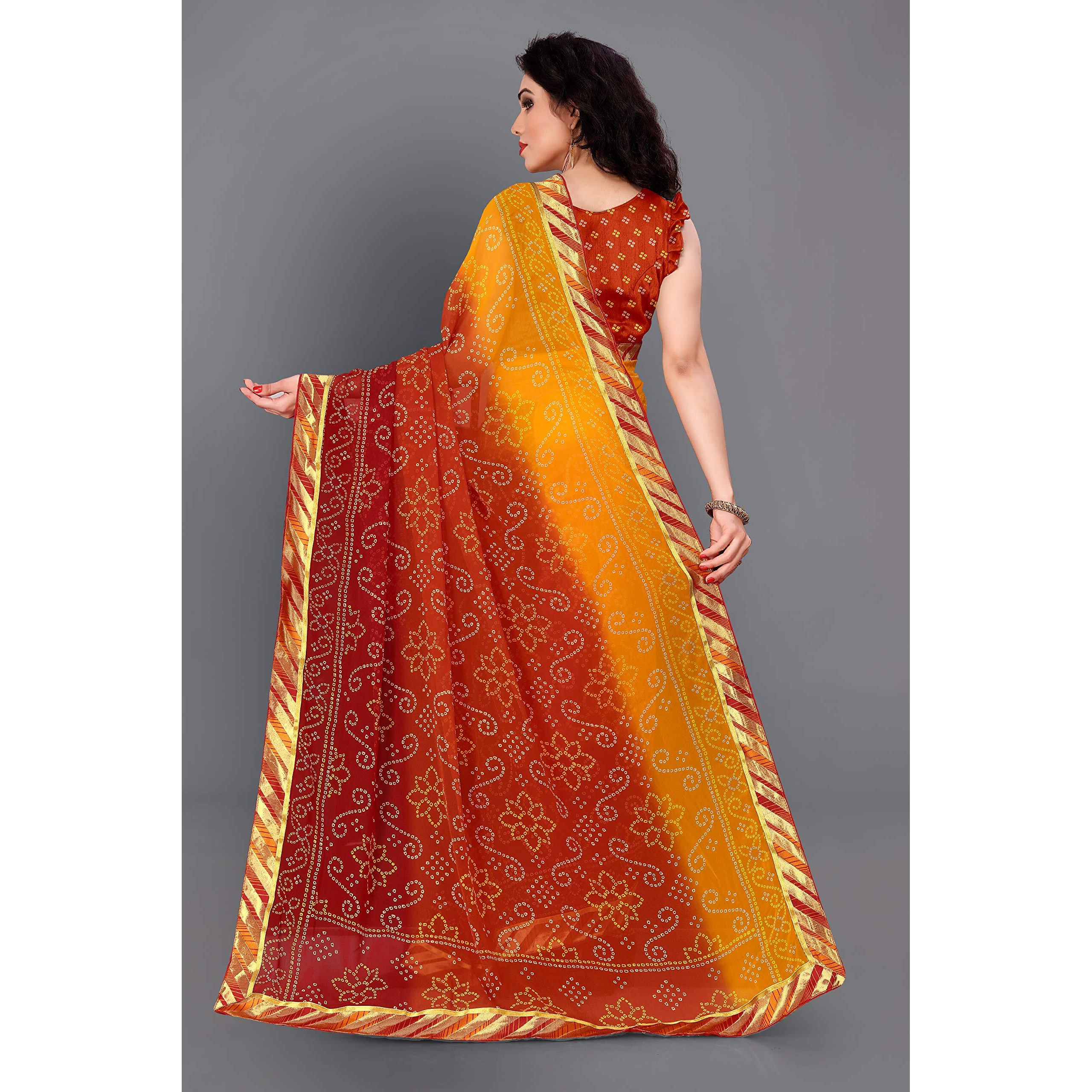 MIRCHI FASHION Womens Faux Georgette Printed Bandhani Saree with Blouse Piece (M21361-Yellow, Orange, Red)