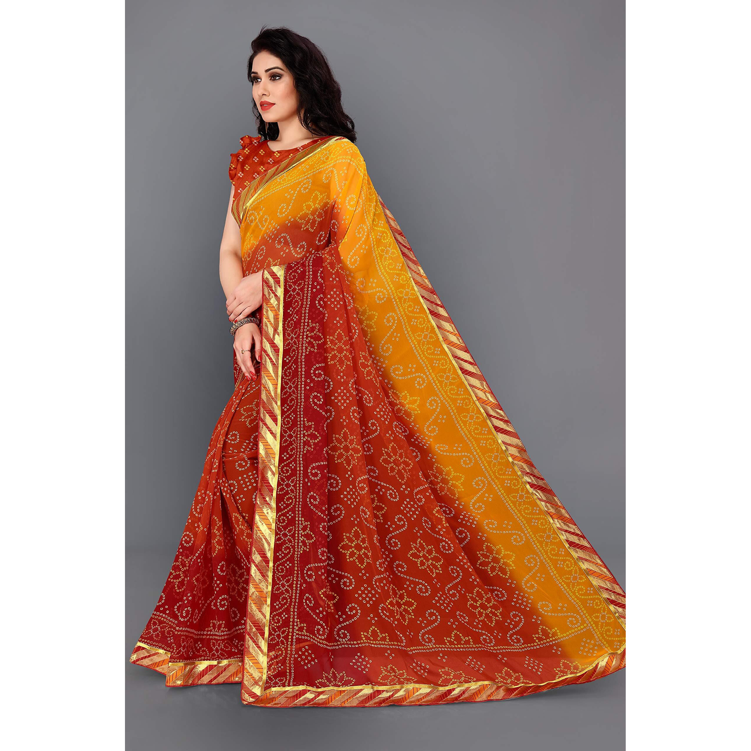 MIRCHI FASHION Womens Faux Georgette Printed Bandhani Saree with Blouse Piece (M21361-Yellow, Orange, Red)