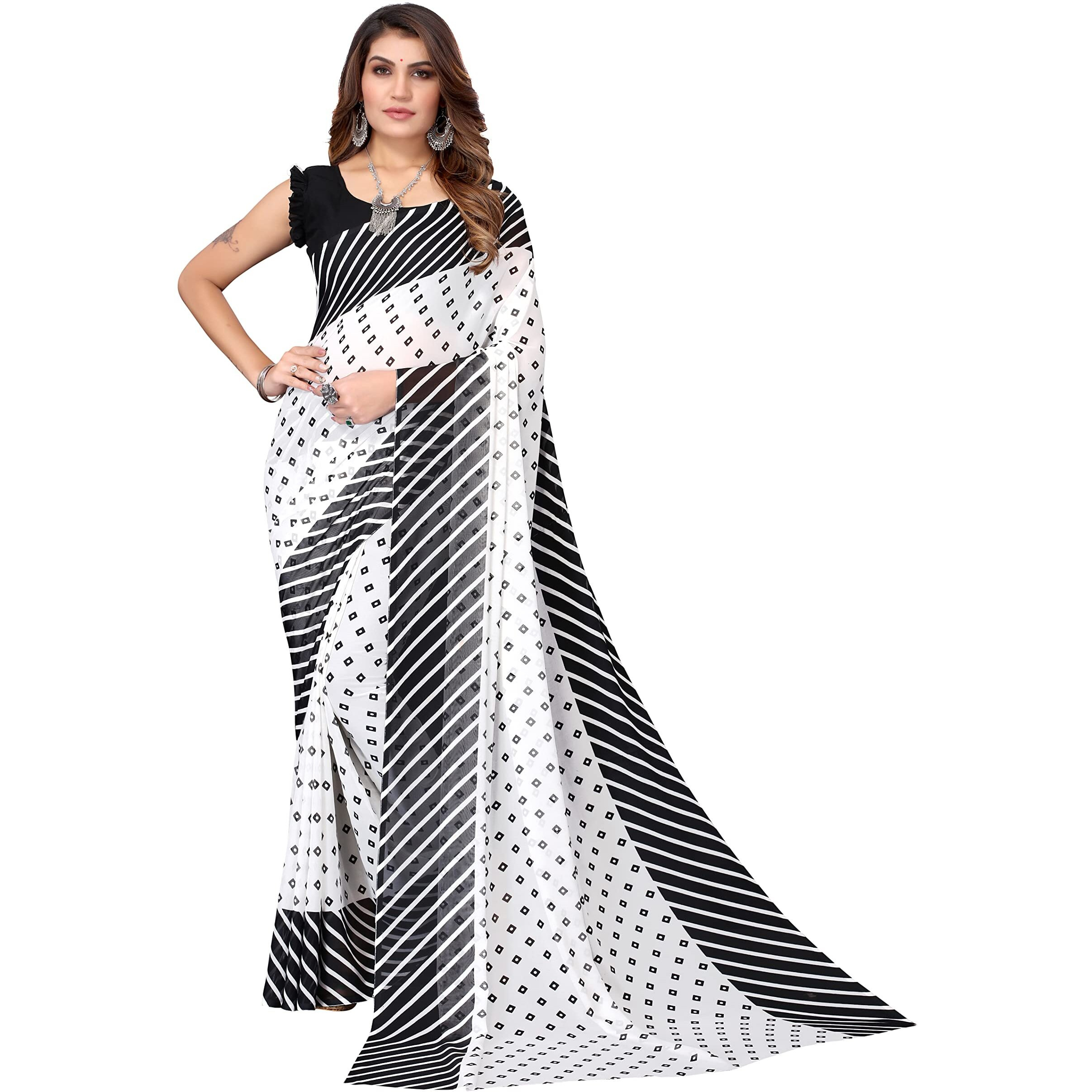 Yashika Womens Printed Georgette Saree With Blouse Piece(ZHILMIL BLACK_Free Size)