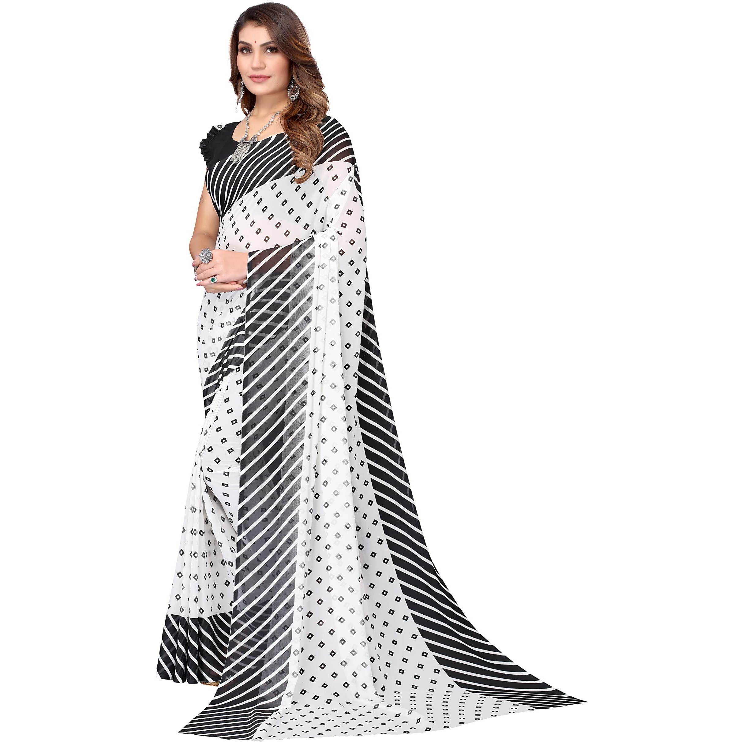Yashika Womens Printed Georgette Saree With Blouse Piece(ZHILMIL BLACK_Free Size)