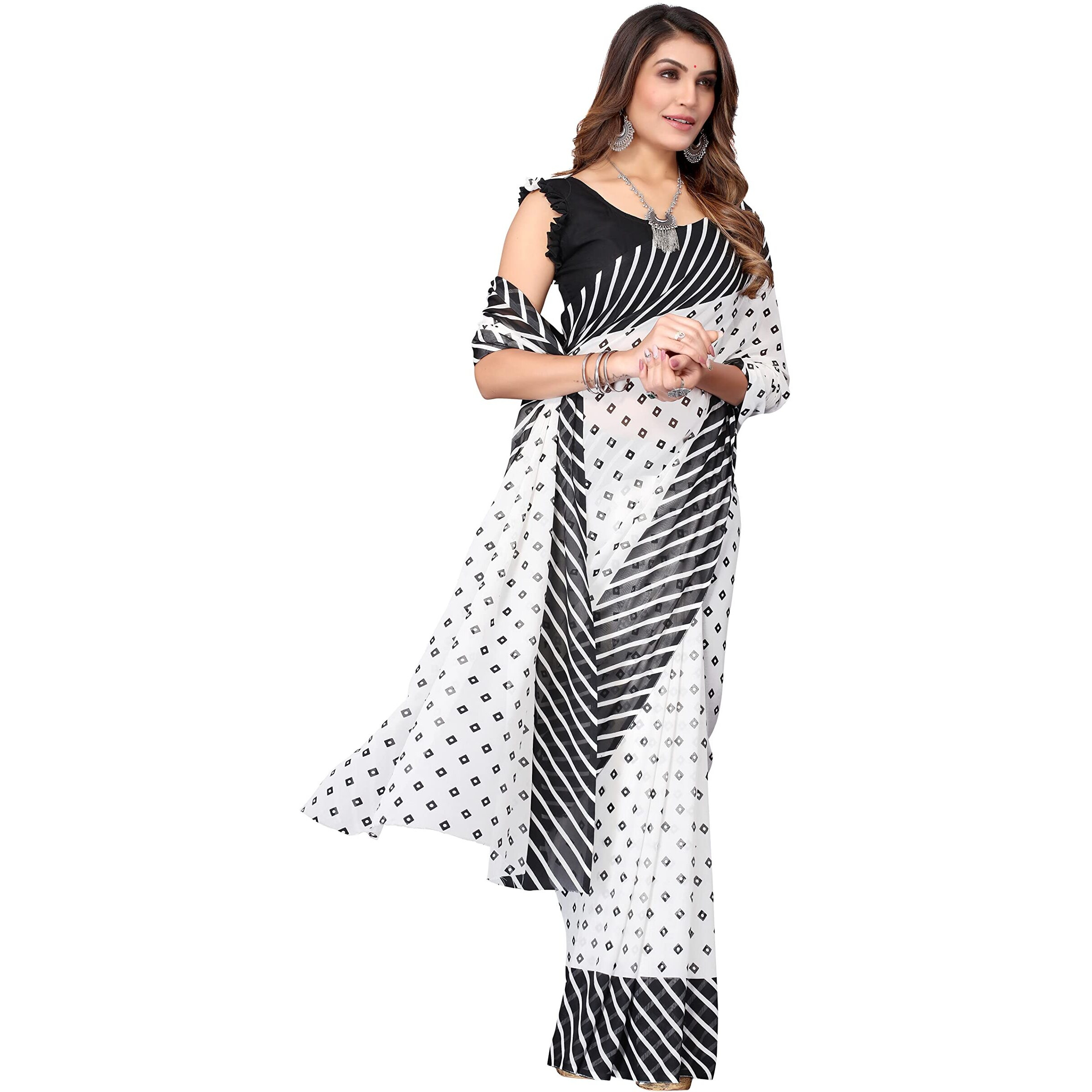 Yashika Womens Printed Georgette Saree With Blouse Piece(ZHILMIL BLACK_Free Size)