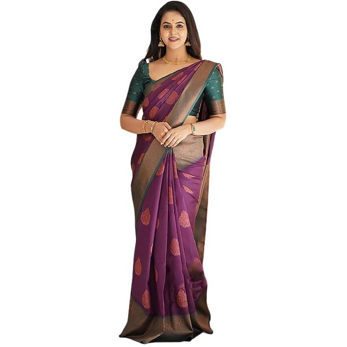 Leriya Fashion Womens Silk Saree Beautiful Jacquard Rich Pallu Design Kanjivaram Silk Style Saree With Blouse Piece (Purple)