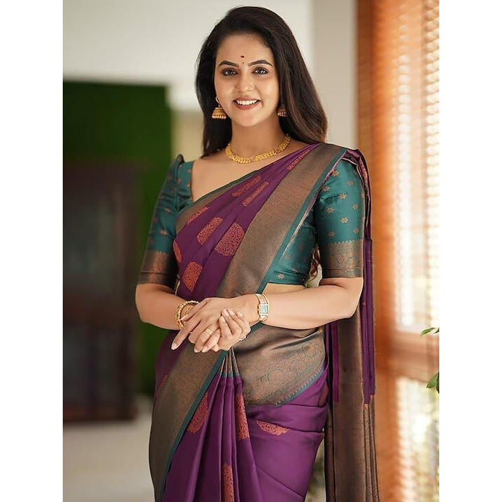Leriya Fashion Womens Silk Saree Beautiful Jacquard Rich Pallu Design Kanjivaram Silk Style Saree With Blouse Piece (Purple)