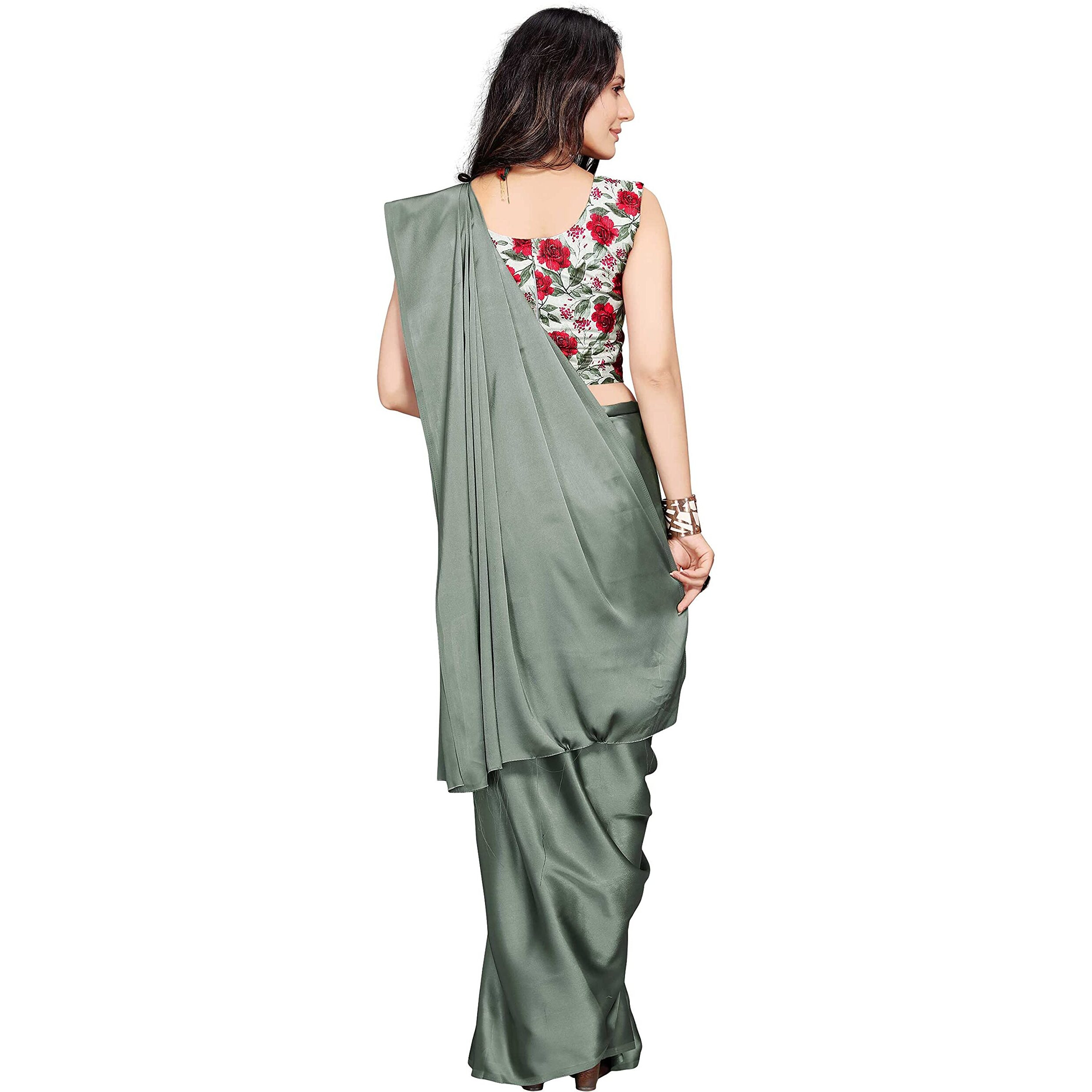 DHYANOM womens Soft Olive Green Satin Silk Plain Saree with Art Silk Digital Printed Unstiched Designer Blouse