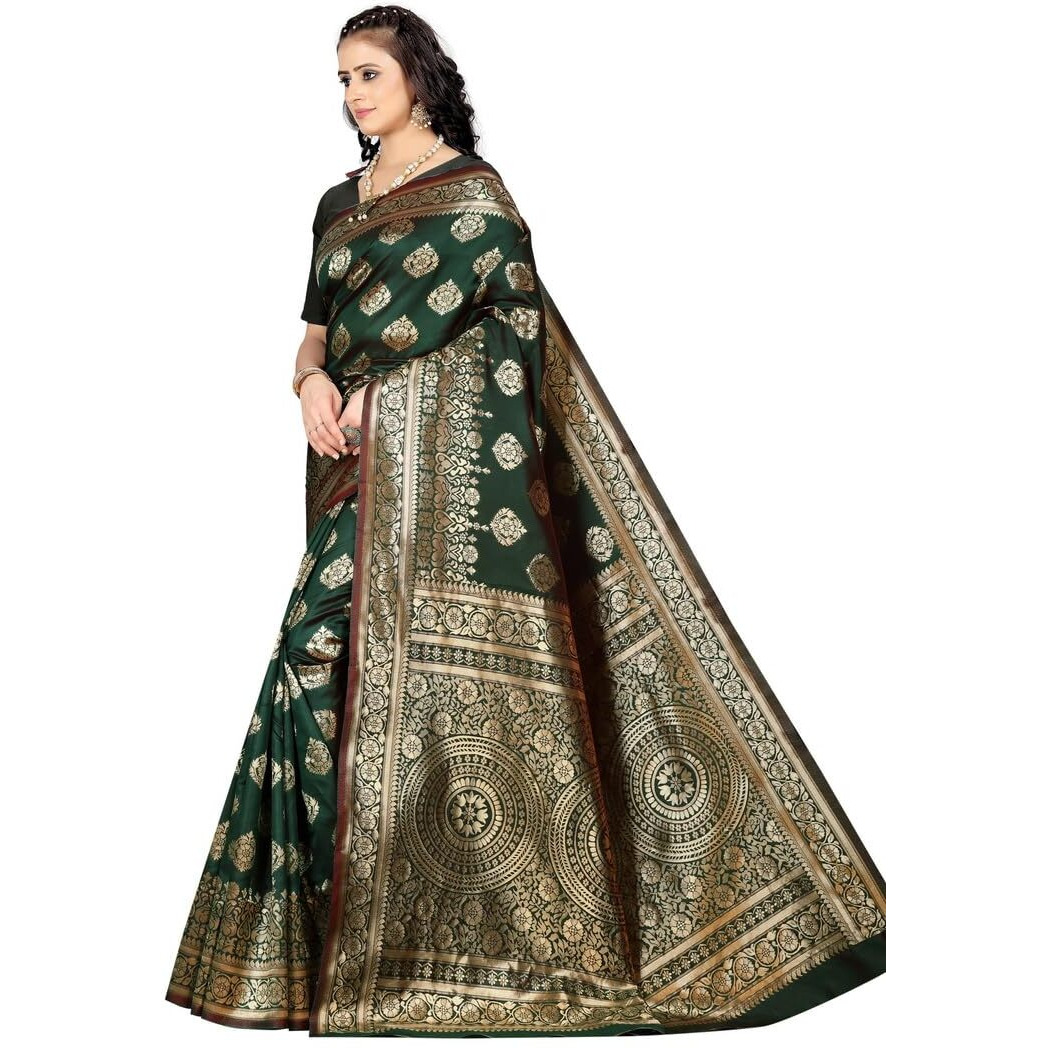 Sugathari Womens Banarasi Saree Pure Kanjivaram Silk Saree Soft new ladies 2023 Design Wear Pattu Sarees Latest Party Sari collections With Blouse Piece for Wedding sadi (SAM PARI S-3 DARK GREEN)