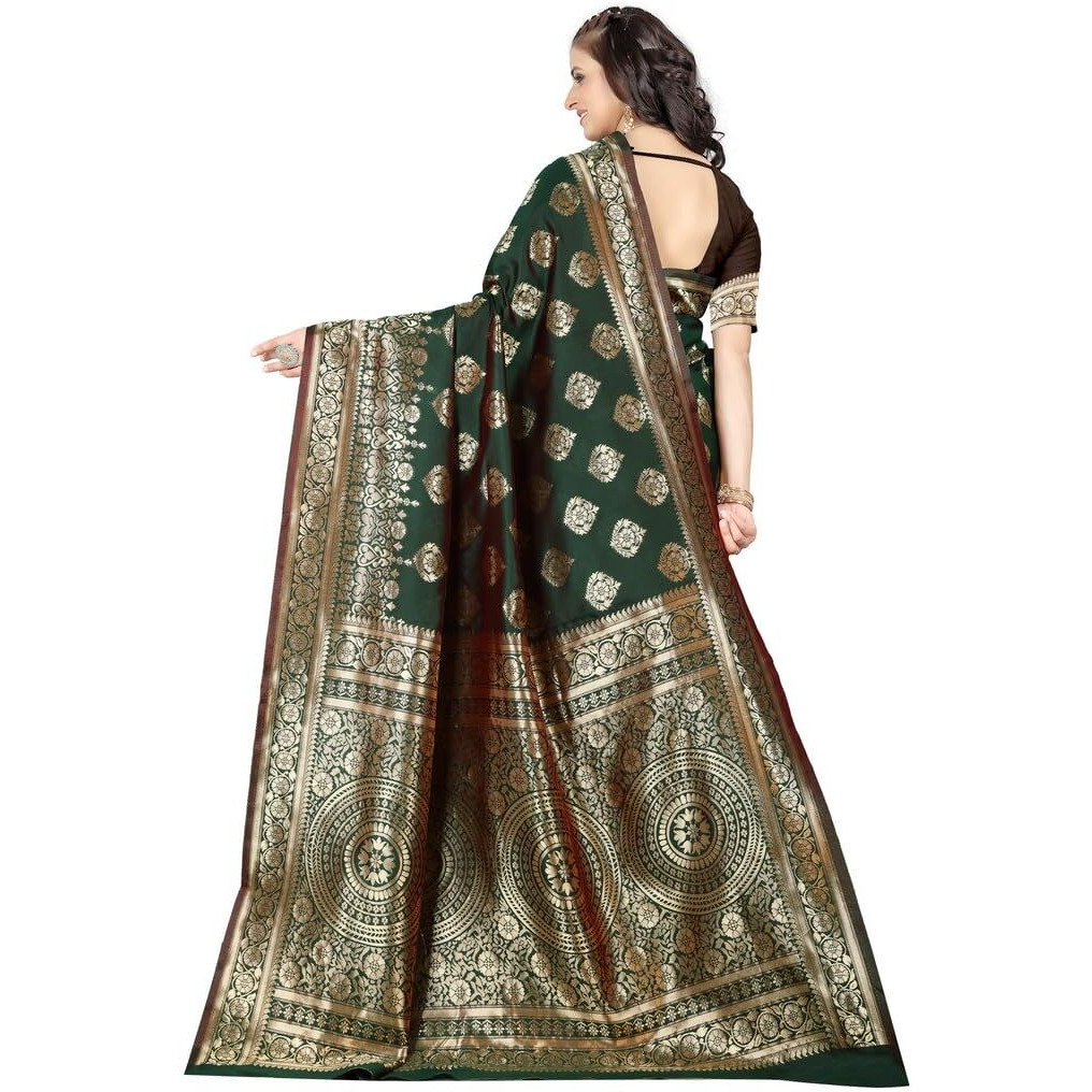 Sugathari Womens Banarasi Saree Pure Kanjivaram Silk Saree Soft new ladies 2023 Design Wear Pattu Sarees Latest Party Sari collections With Blouse Piece for Wedding sadi (SAM PARI S-3 DARK GREEN)