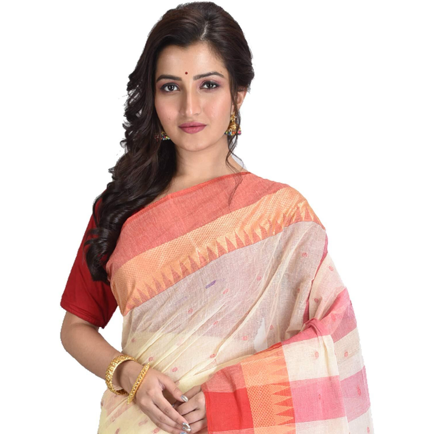 Raj Sarees Womens Traditional Pure Cotton Bengali Handloom Tant Saree - Without Blouse Piece(Off-White & Red) (Off-White & Red)