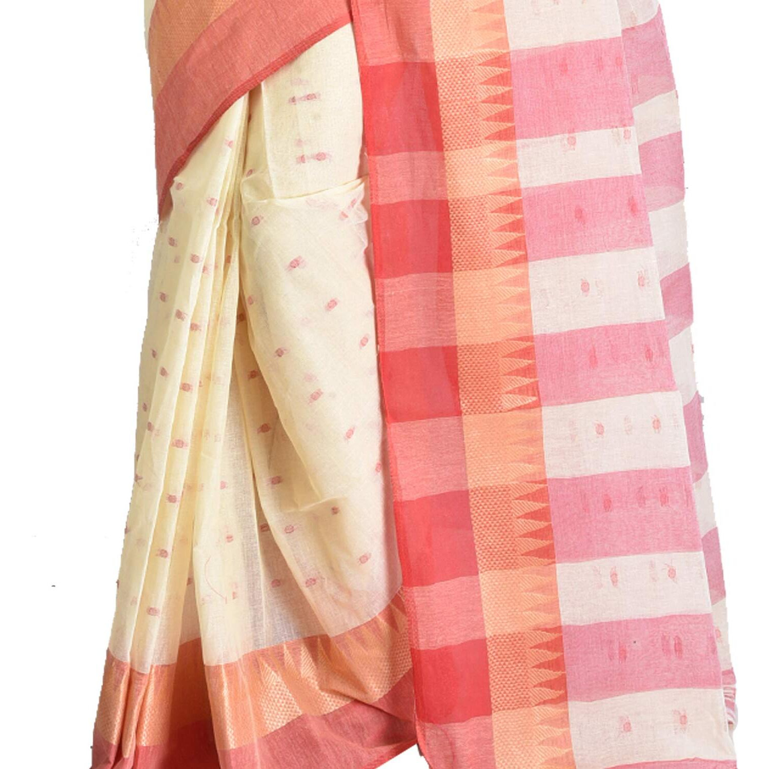 Raj Sarees Womens Traditional Pure Cotton Bengali Handloom Tant Saree - Without Blouse Piece(Off-White & Red) (Off-White & Red)