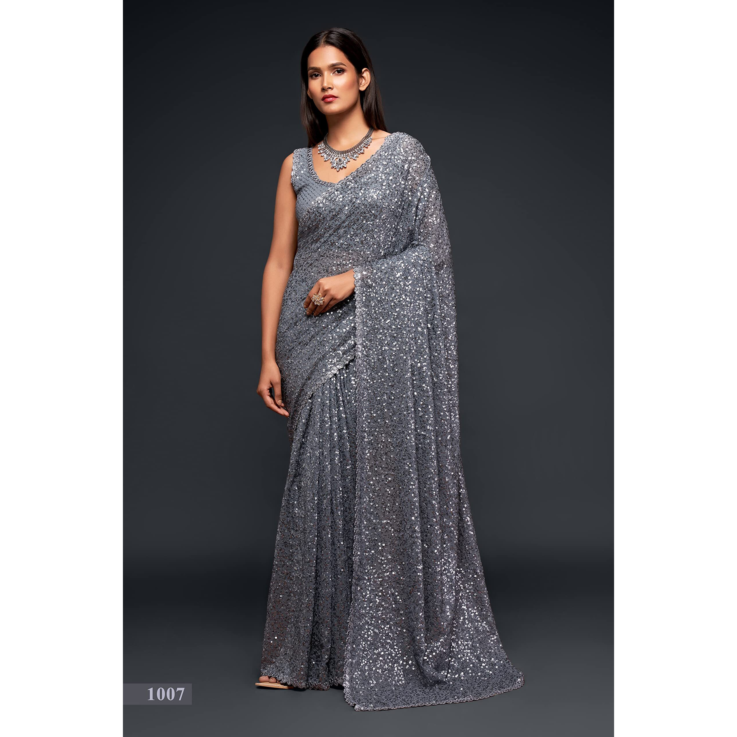 Zeel Clothing Womens Grey Sequins Work Heavy Georgette Saree with Blouse (1007-Slate-Grey-Sequins-Party-Saree, Slate Grey)