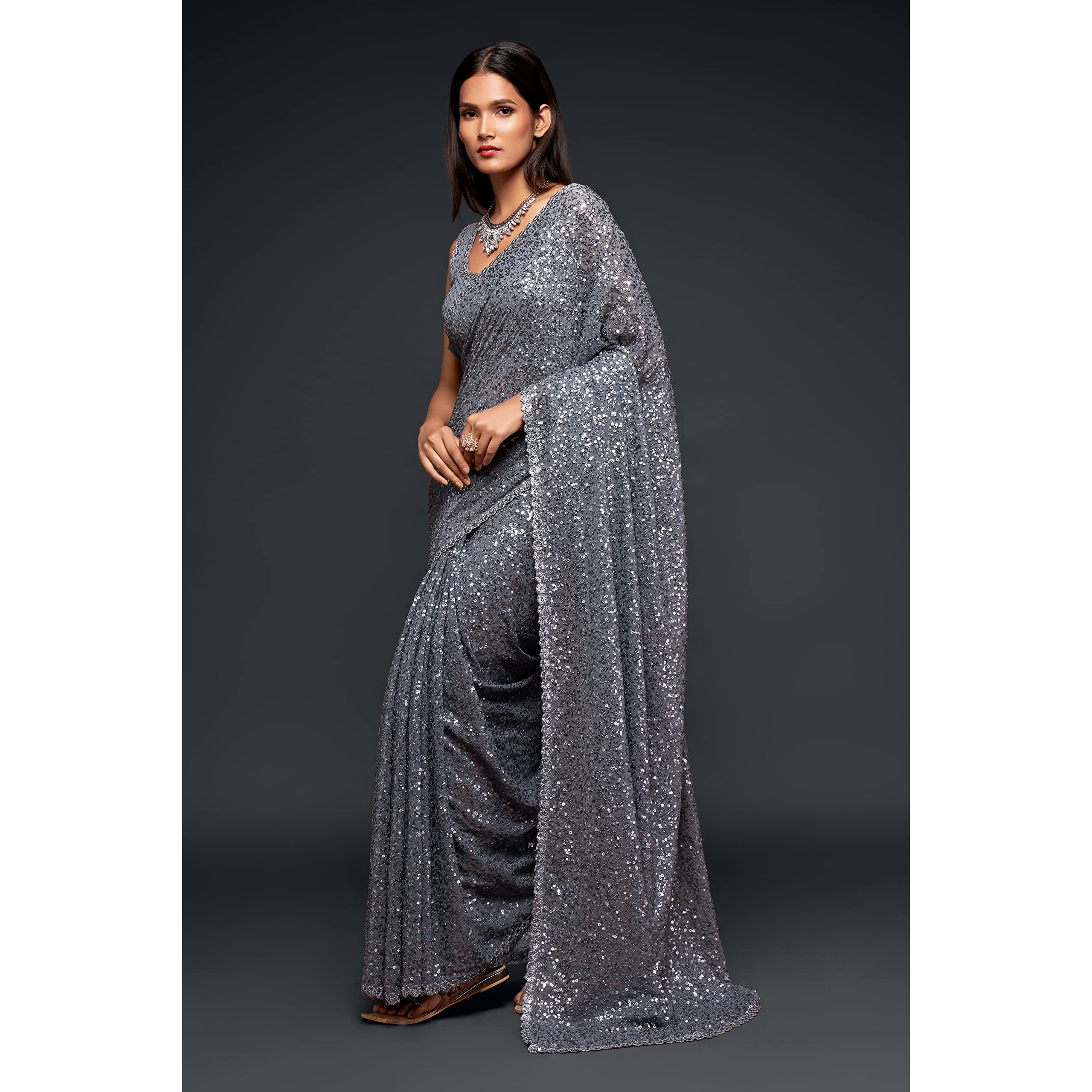 Zeel Clothing Womens Grey Sequins Work Heavy Georgette Saree with Blouse (1007-Slate-Grey-Sequins-Party-Saree, Slate Grey)