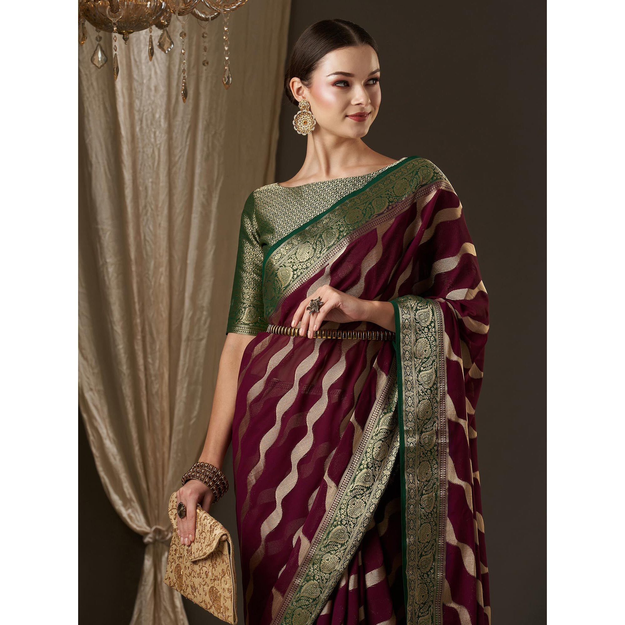 AKHILAM Womens Woven Design Abstract Georgette Kanjeevaram Saree With Unstiched Blouse Piece (Burgundy_ARYA4001_FL)