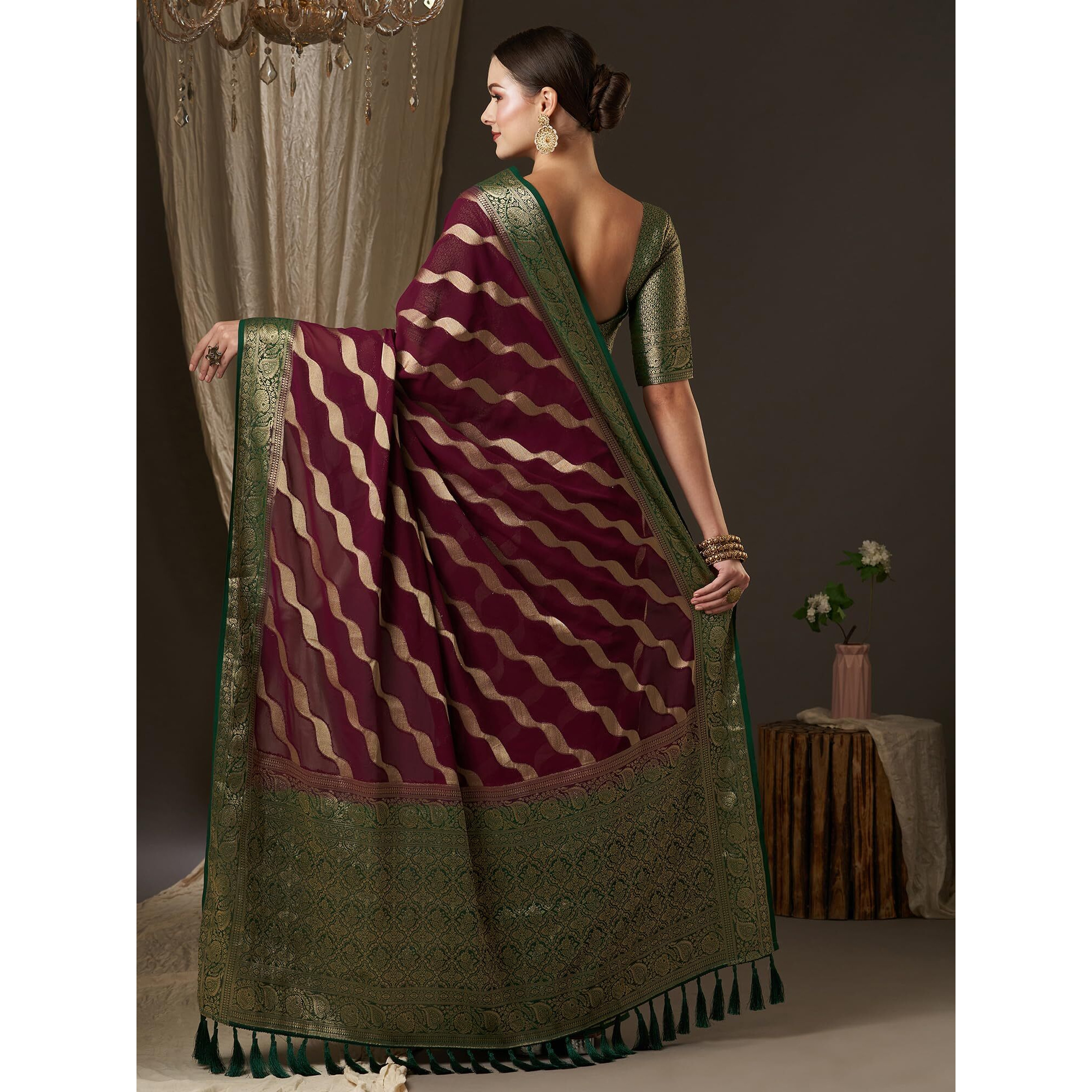 AKHILAM Womens Woven Design Abstract Georgette Kanjeevaram Saree With Unstiched Blouse Piece (Burgundy_ARYA4001_FL)