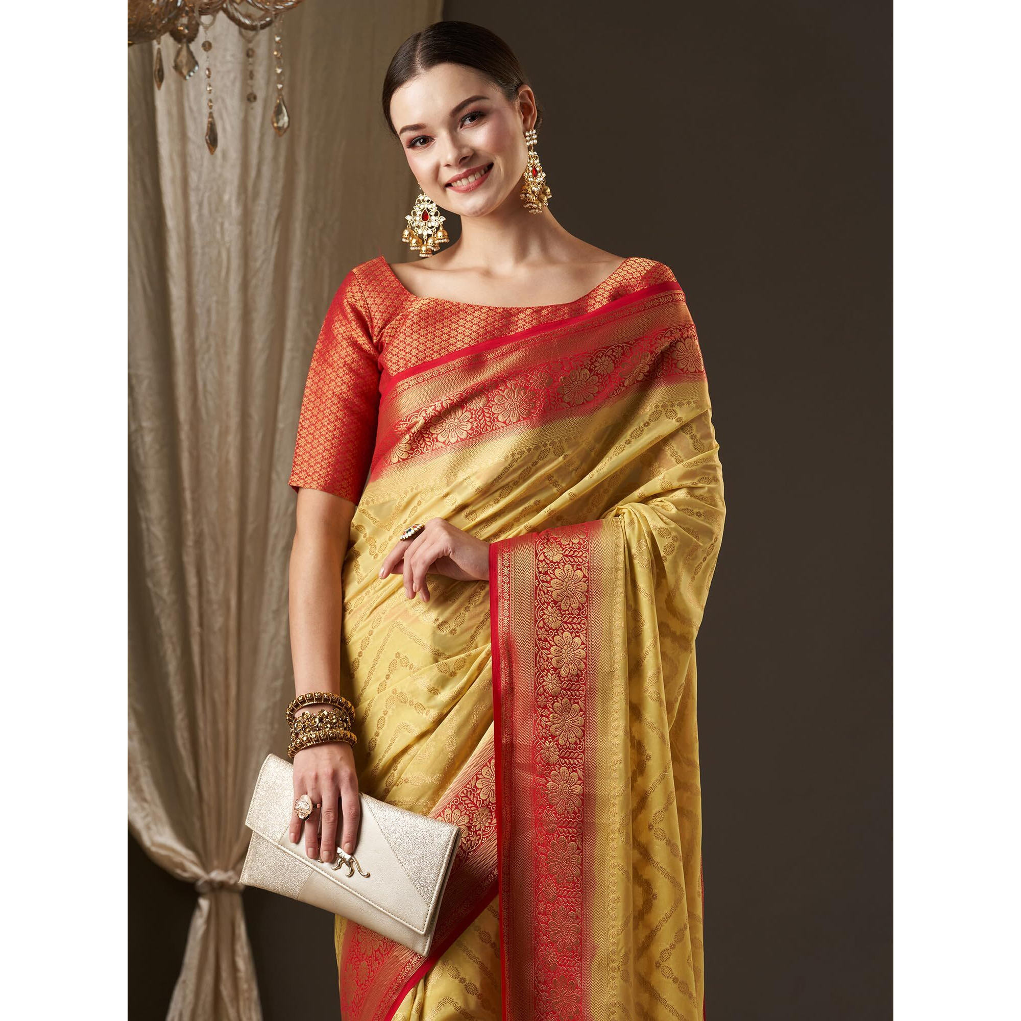 AKHILAM Womens Woven Design Ethnic Motif Georgette Kanjeevaram Saree With Unstiched Blouse Piece (Yellow_ARYA1301_FL)