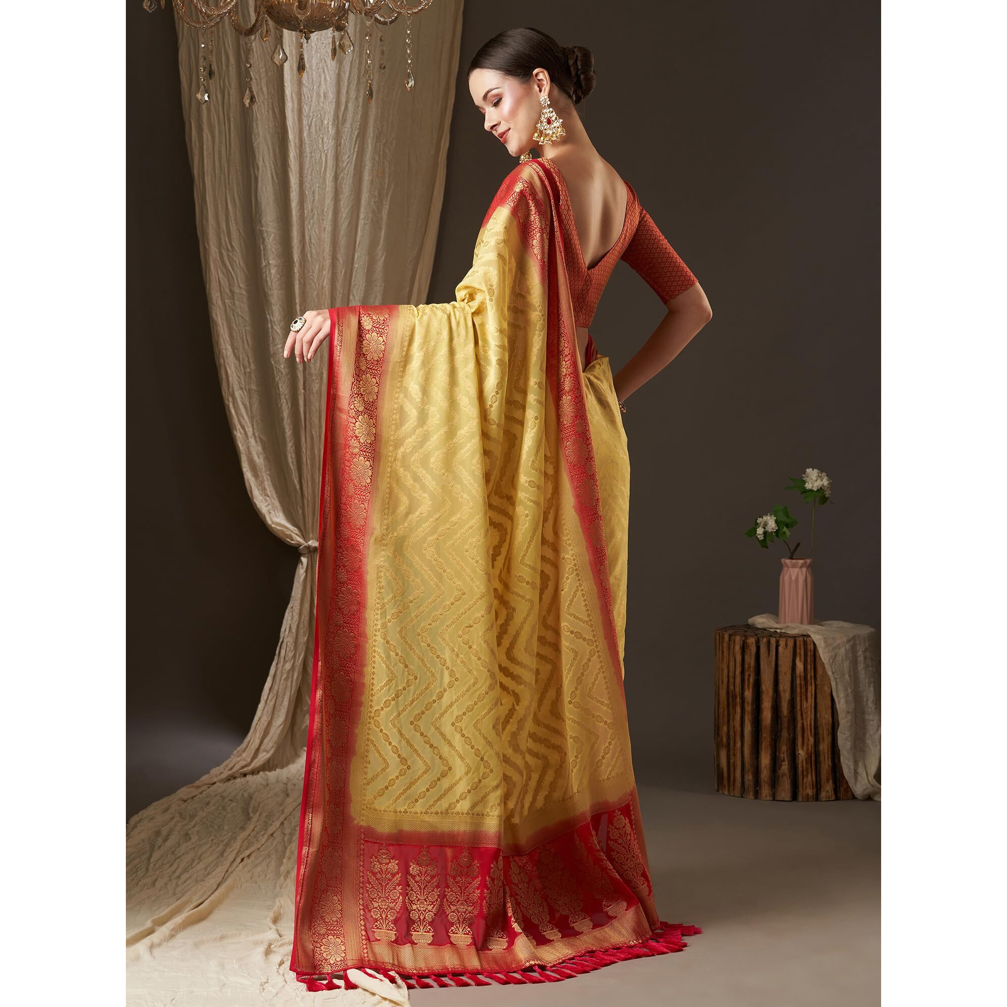 AKHILAM Womens Woven Design Ethnic Motif Georgette Kanjeevaram Saree With Unstiched Blouse Piece (Yellow_ARYA1301_FL)