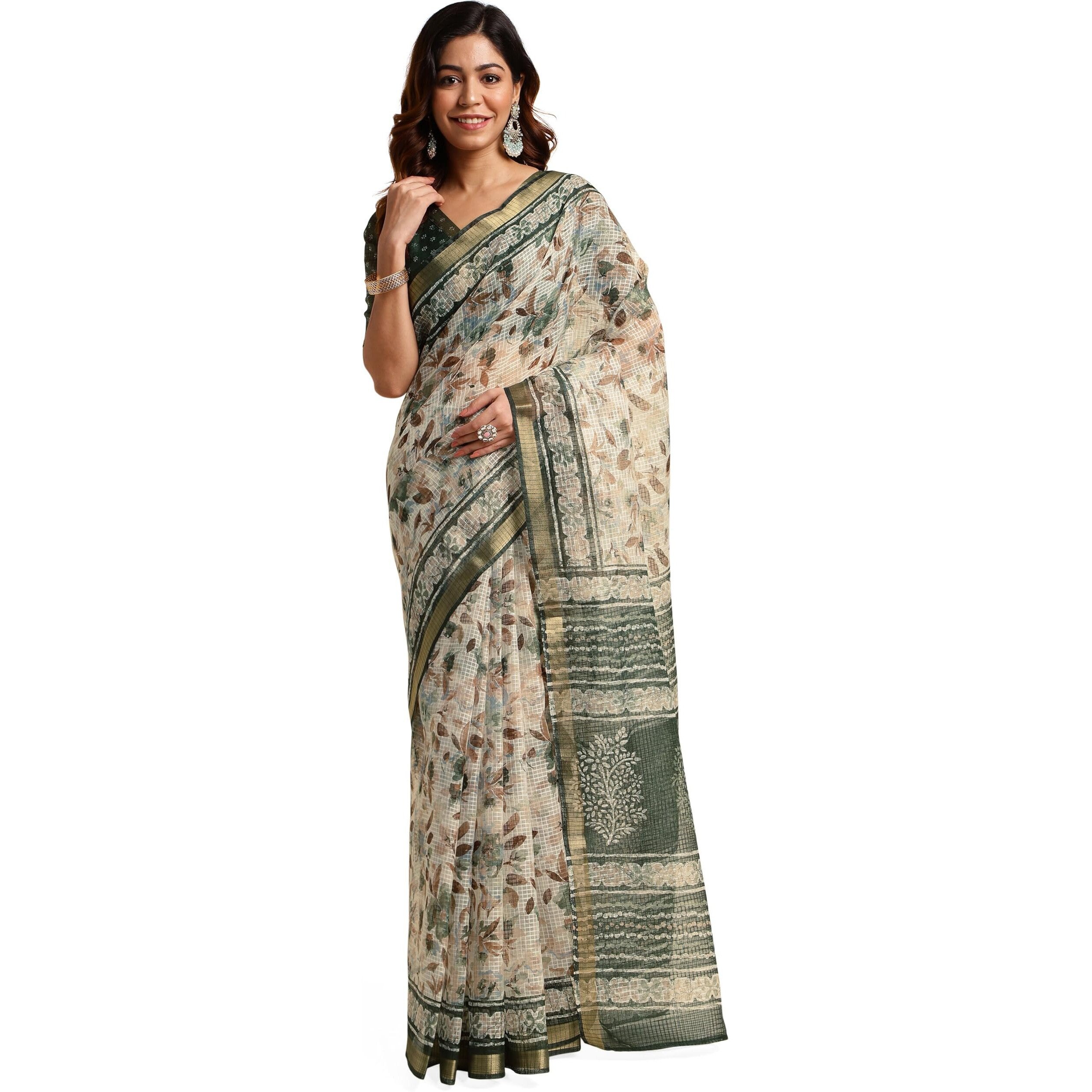 MIRCHI FASHION Womens Kota Doria Floral Block Printed Saree with Blouse Piece (39526-Off White, Green)