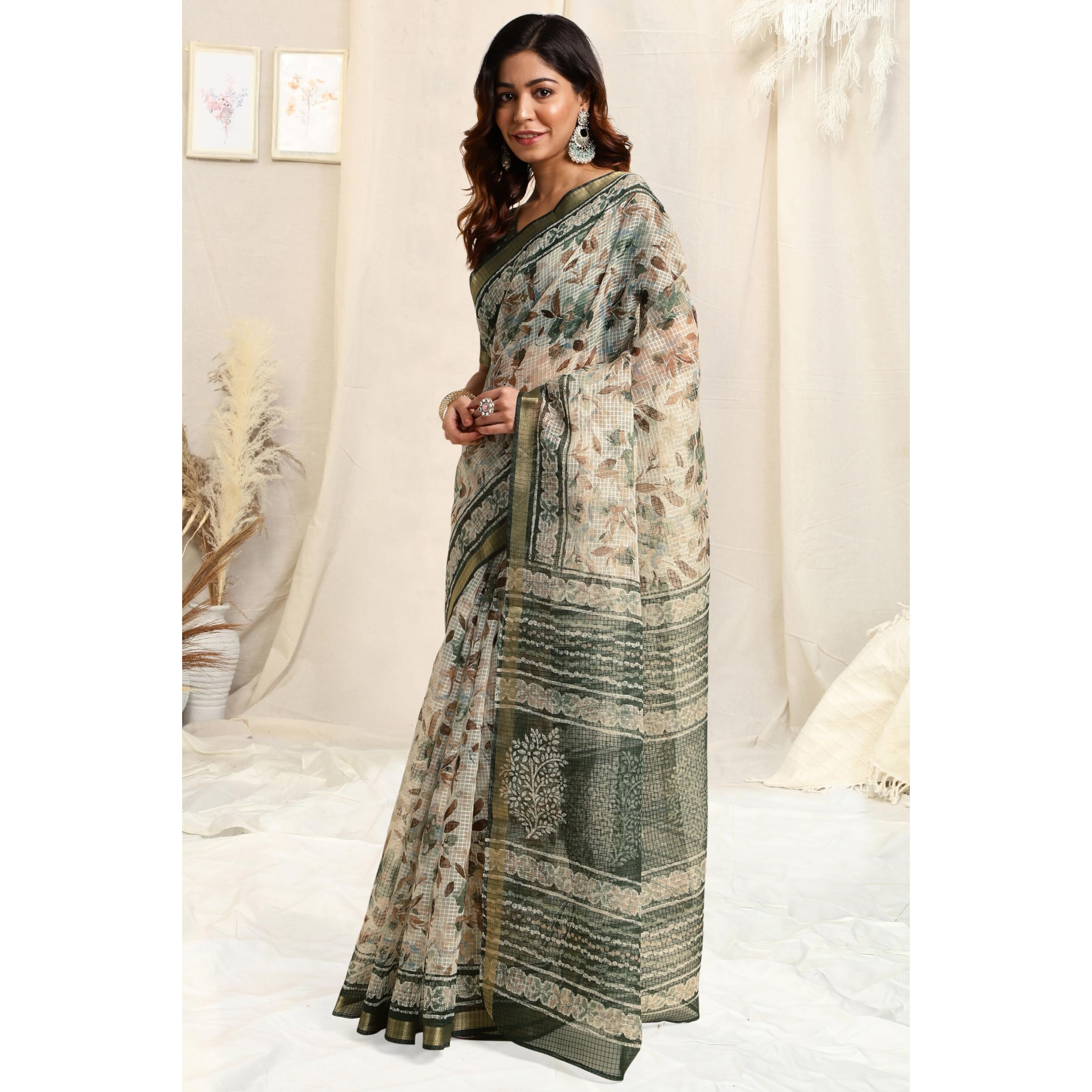 MIRCHI FASHION Womens Kota Doria Floral Block Printed Saree with Blouse Piece (39526-Off White, Green)