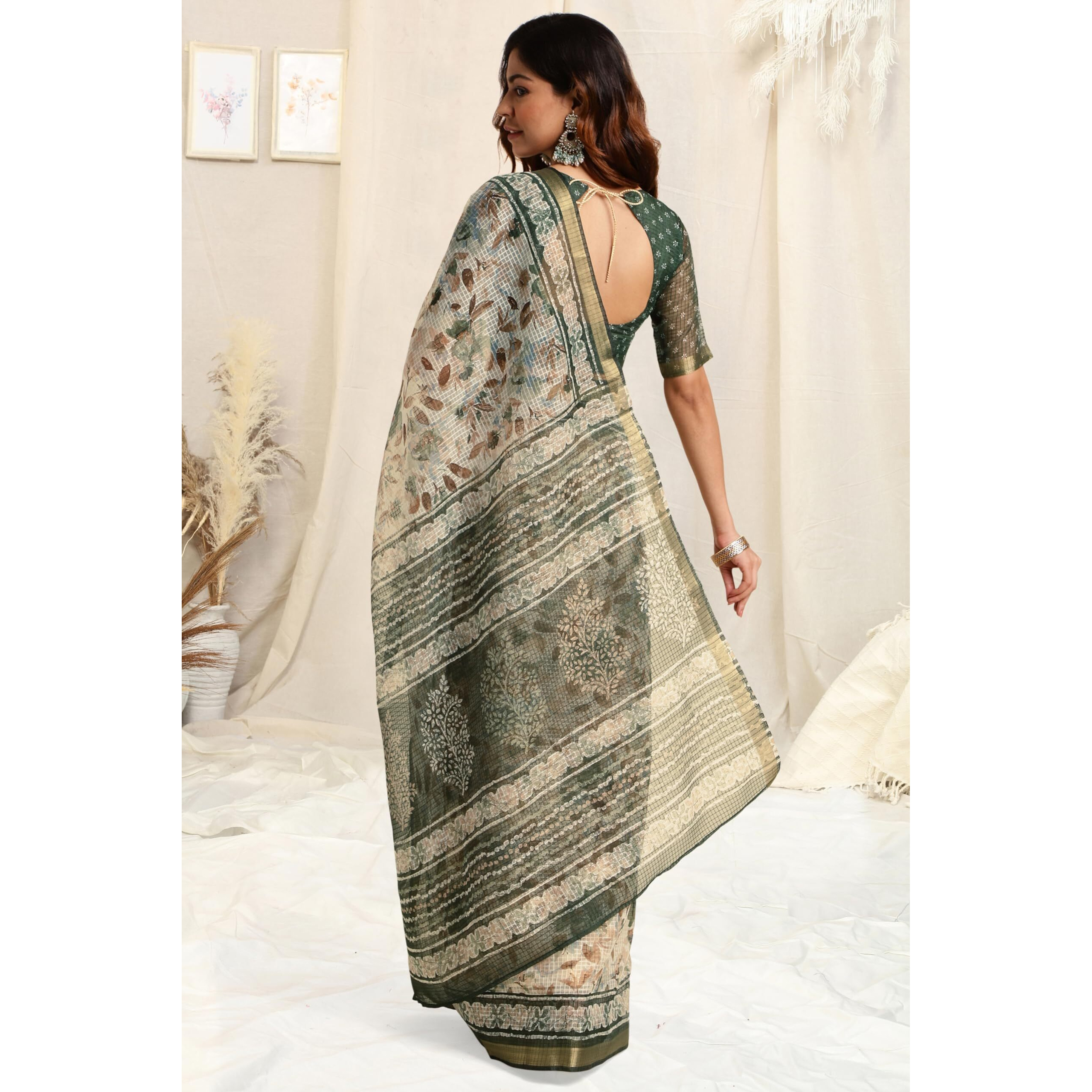 MIRCHI FASHION Womens Kota Doria Floral Block Printed Saree with Blouse Piece (39526-Off White, Green)