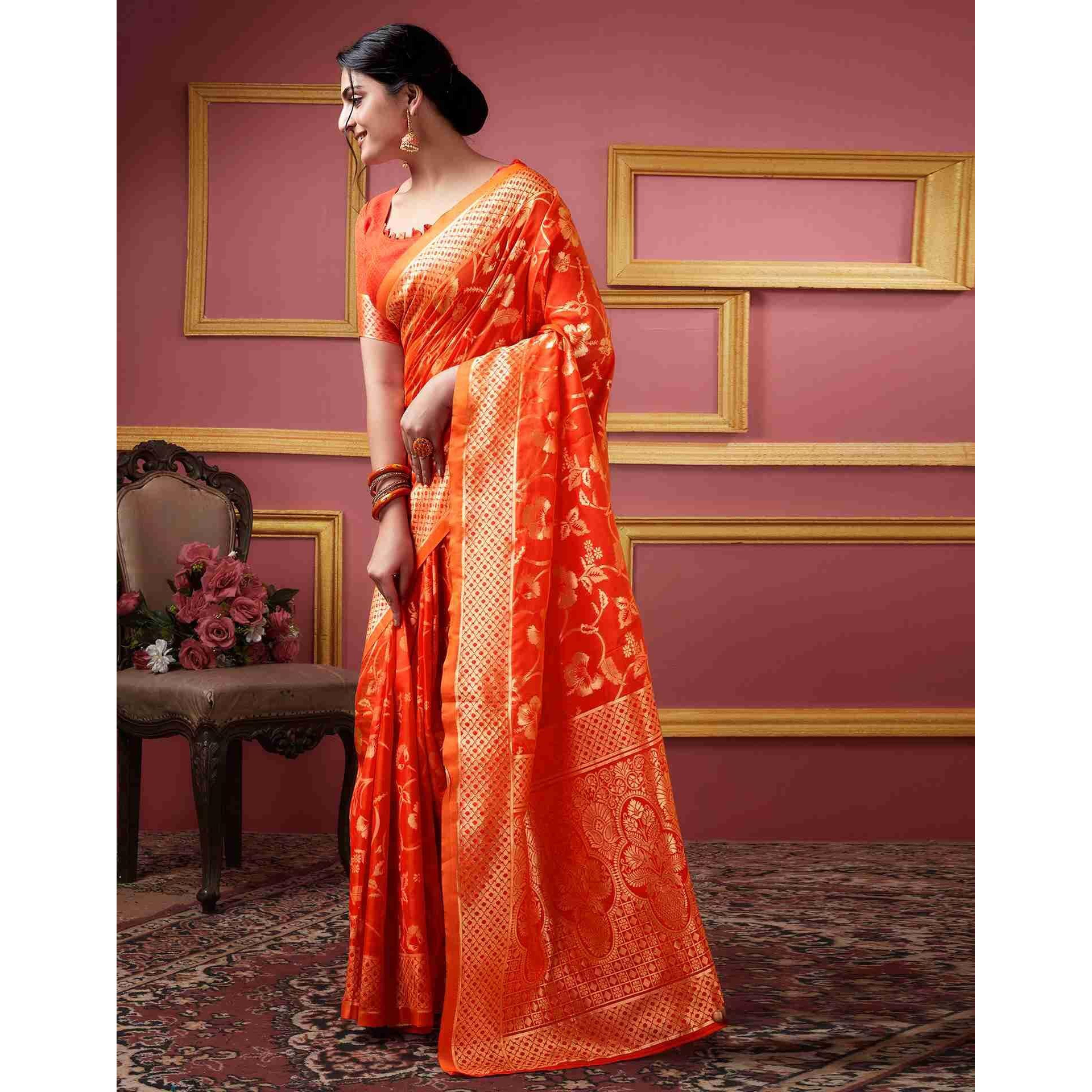 Sugathari Womens Banarasi Saree Pure Kanjivaram Silk Saree Soft new ladies 2023 Design Wear Pattu Sarees Latest Party Sari collections With Blouse Piece for Wedding sadi (SAN PARI-187 ORANGE)