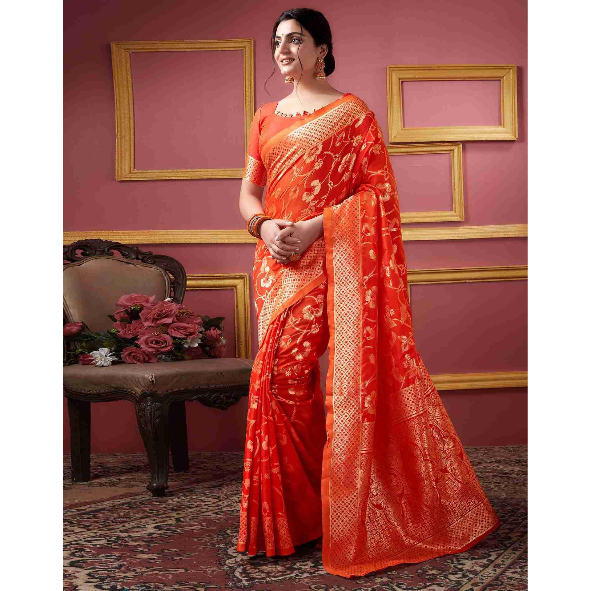Sugathari Womens Banarasi Saree Pure Kanjivaram Silk Saree Soft new ladies 2023 Design Wear Pattu Sarees Latest Party Sari collections With Blouse Piece for Wedding sadi (SAN PARI-187 ORANGE)