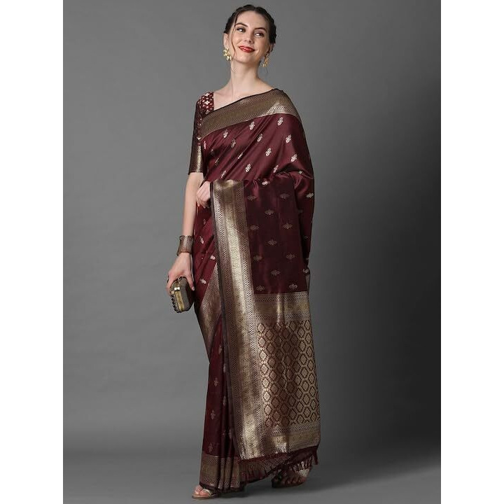 Leriya Fashion Saree for Women | Golden Saree for Women | Cotton Silk Saree for Women | Saree (Brown)
