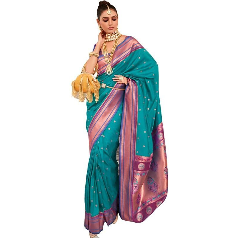 SIRIL Womens Silk Paithani Jacquard Saree With Unstitched Blouse Piece (3534S1225_Light Blue)