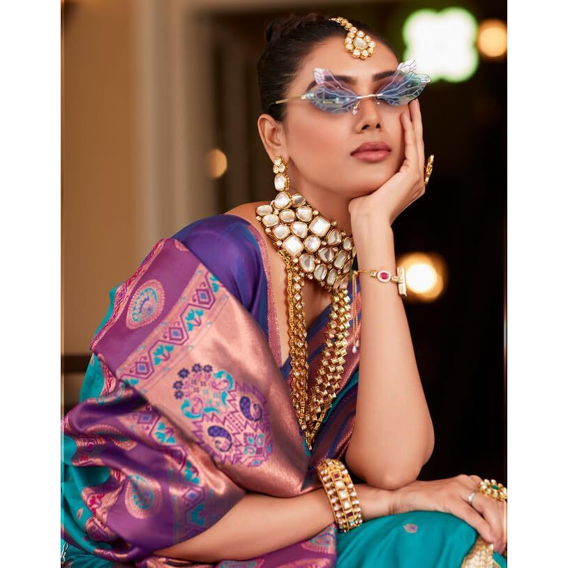 SIRIL Womens Silk Paithani Jacquard Saree With Unstitched Blouse Piece (3534S1225_Light Blue)