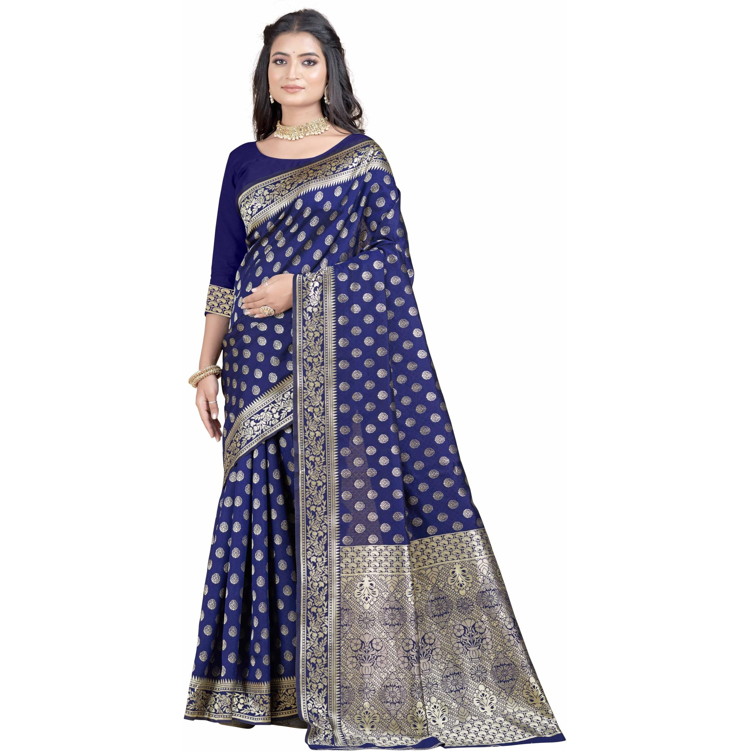 Sugathari Womens Banarasi Saree Pure Kanjivaram Silk Saree Soft new ladies 2023 Design Wear Pattu Sarees Latest Party Sari collections With Blouse Piece for Wedding sadi (SAN PARI-192 NAVY BLUE)