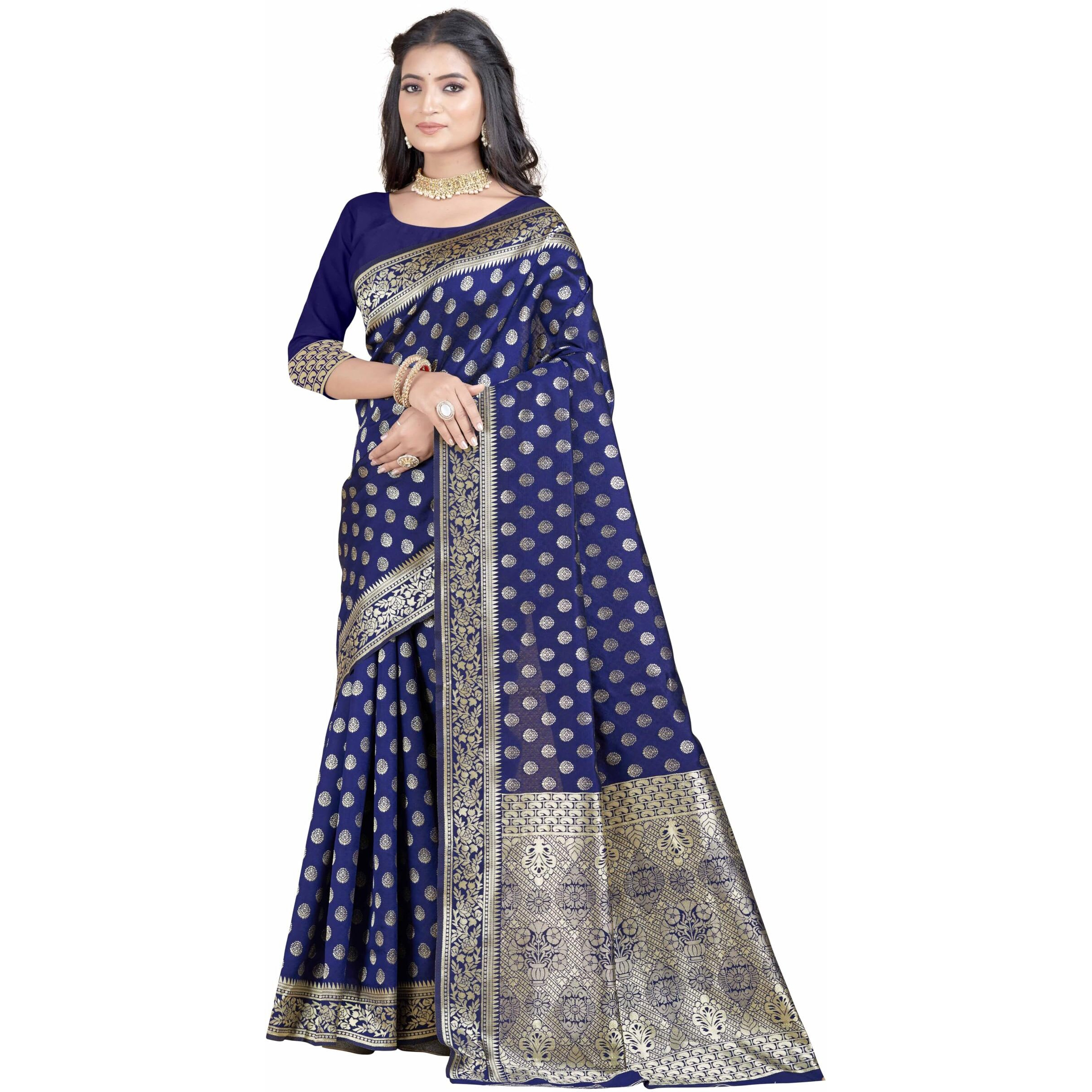 Sugathari Womens Banarasi Saree Pure Kanjivaram Silk Saree Soft new ladies 2023 Design Wear Pattu Sarees Latest Party Sari collections With Blouse Piece for Wedding sadi (SAN PARI-192 NAVY BLUE)