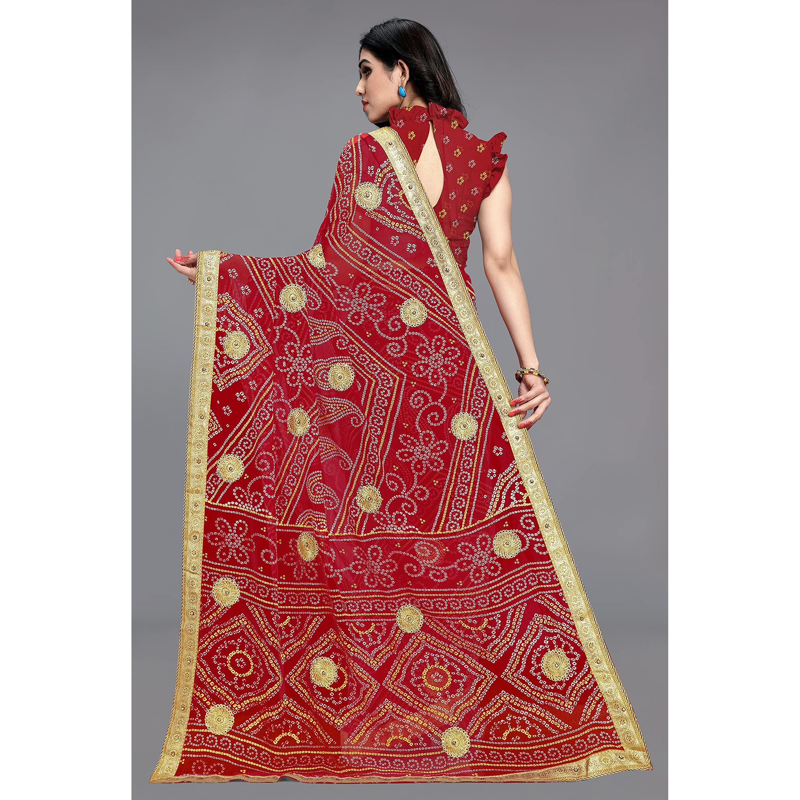 MIRCHI FASHION Womens Faux Georgette Bandhani Embellished Saree with Blouse Piece (25913-Maroon, Golden)