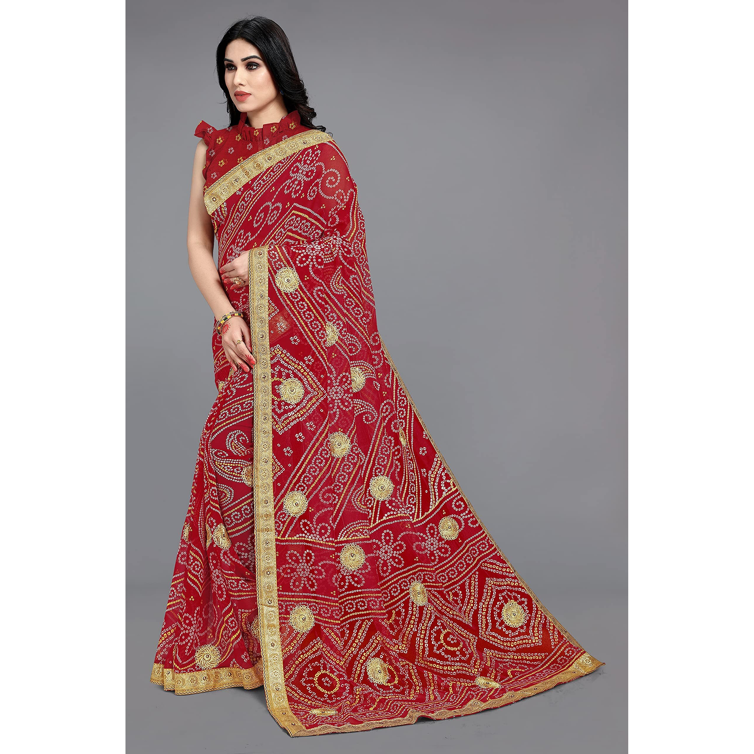 MIRCHI FASHION Womens Faux Georgette Bandhani Embellished Saree with Blouse Piece (25913-Maroon, Golden)