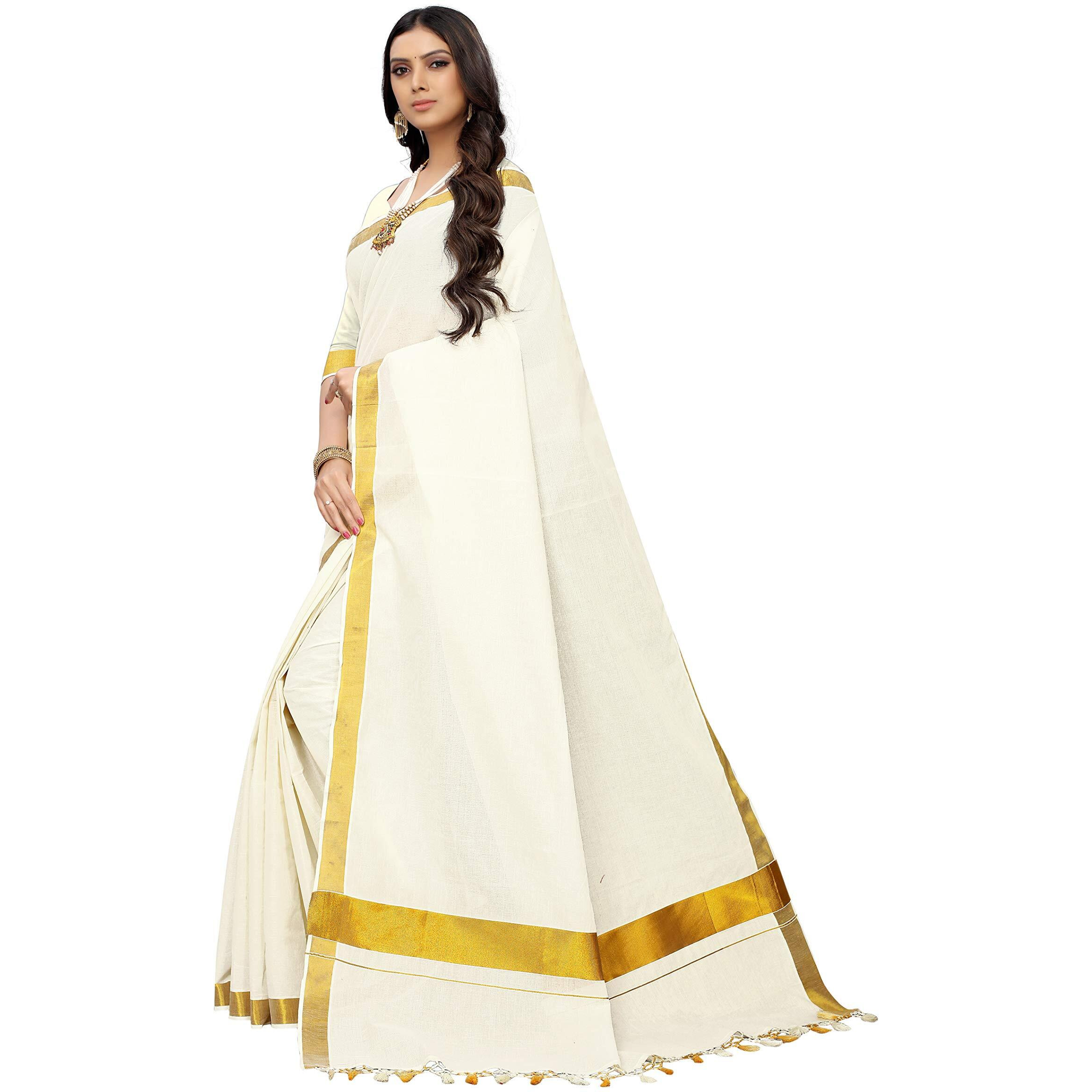 Maxis Womens Kasavu Cotton Saree With Blouse Piece (Maxiskrlpln_White, Off-white)