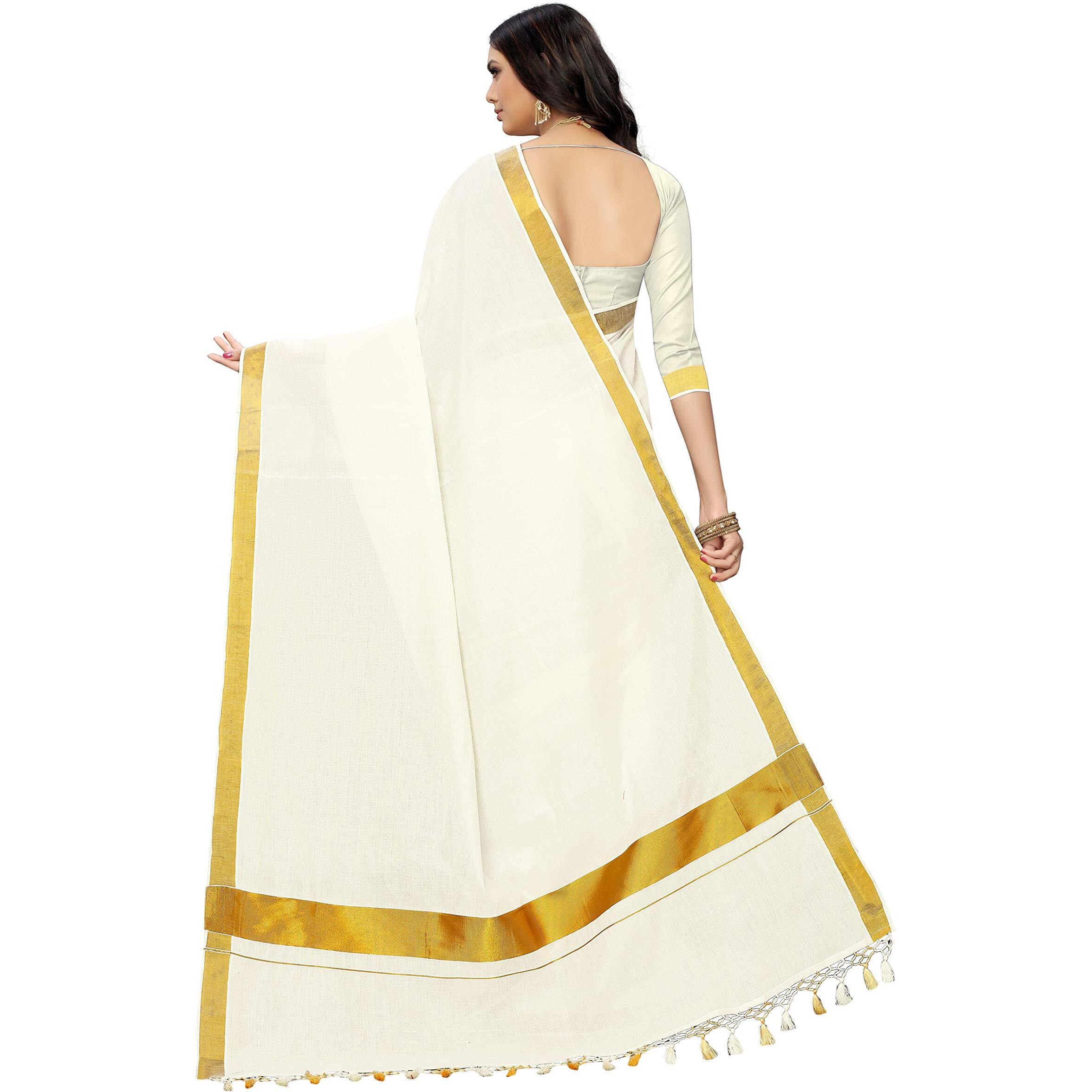 Maxis Womens Kasavu Cotton Saree With Blouse Piece (Maxiskrlpln_White, Off-white)