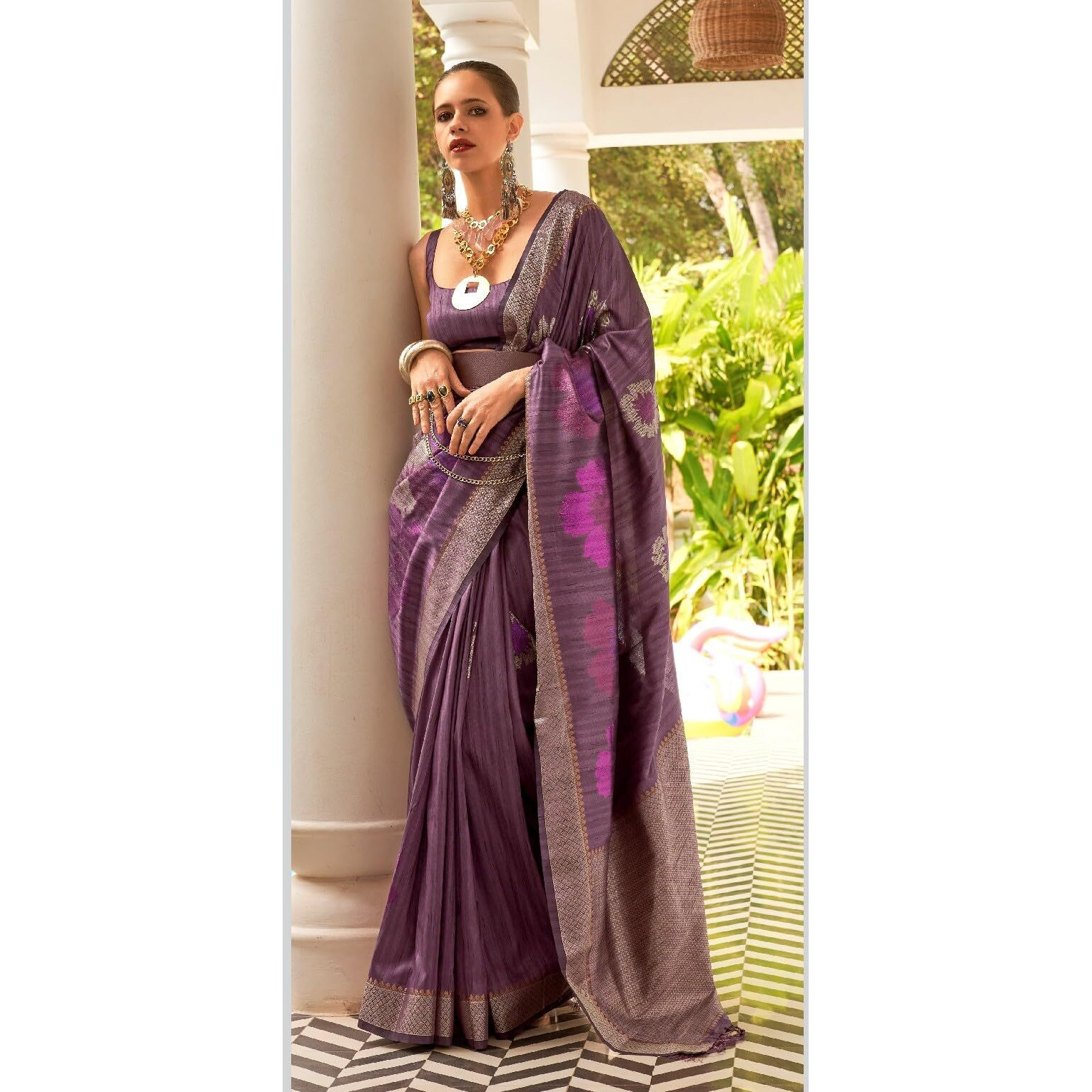 SGF11-Womens Kanjivaram Tussar Silk Saree Golden Zari With Blouse Piece (Purple)